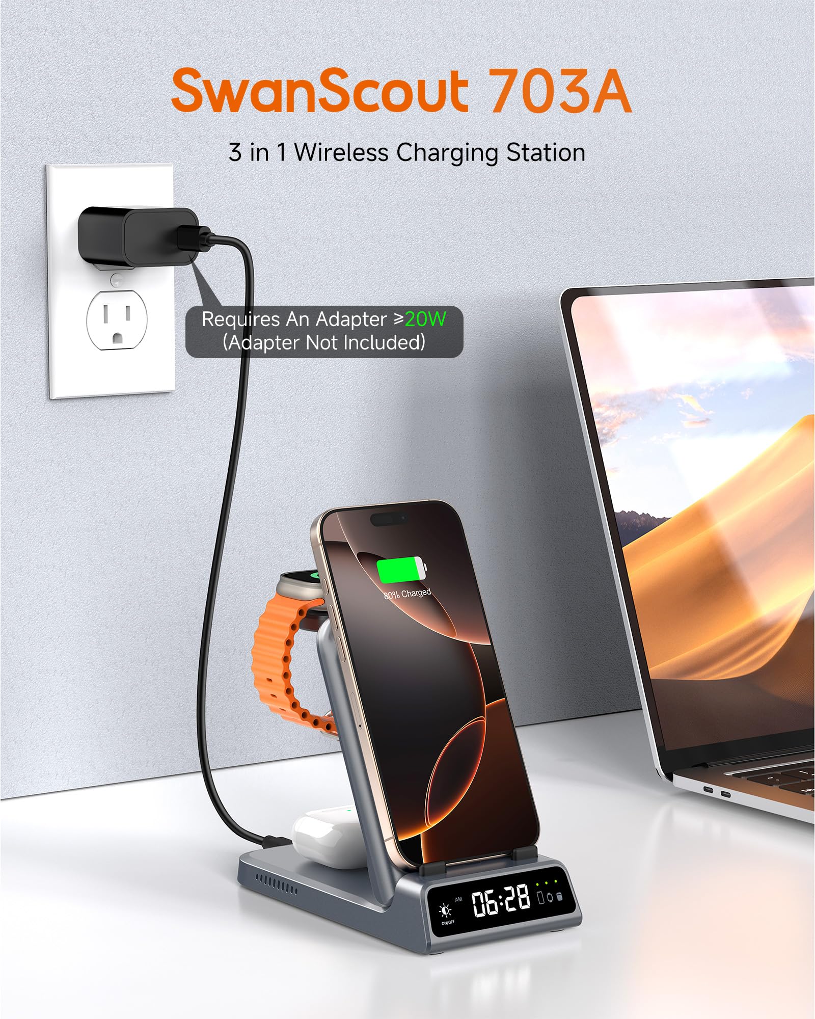 Caricatore Wireless per iPhone Air/17, 3 in 1 Stazione Ricarica per iPhone 16/15/14/13/12/11, per Apple Watch 11/10/Ultra 3/Ultra 2/9/8/7/6/Ultra/SE 3, SwanScout 703A, Nessun Adattatore (Grigio Tech)
