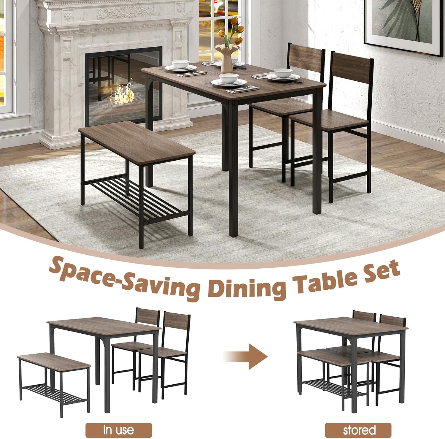 Rectangular Dining Table Set for 4, Space Saving Kitchen Table with Bench and Chairs, Bench Seat with Storage Rack, 4 Pieces Dinette Table Set for Small Spaces, Apartment, Restaurant