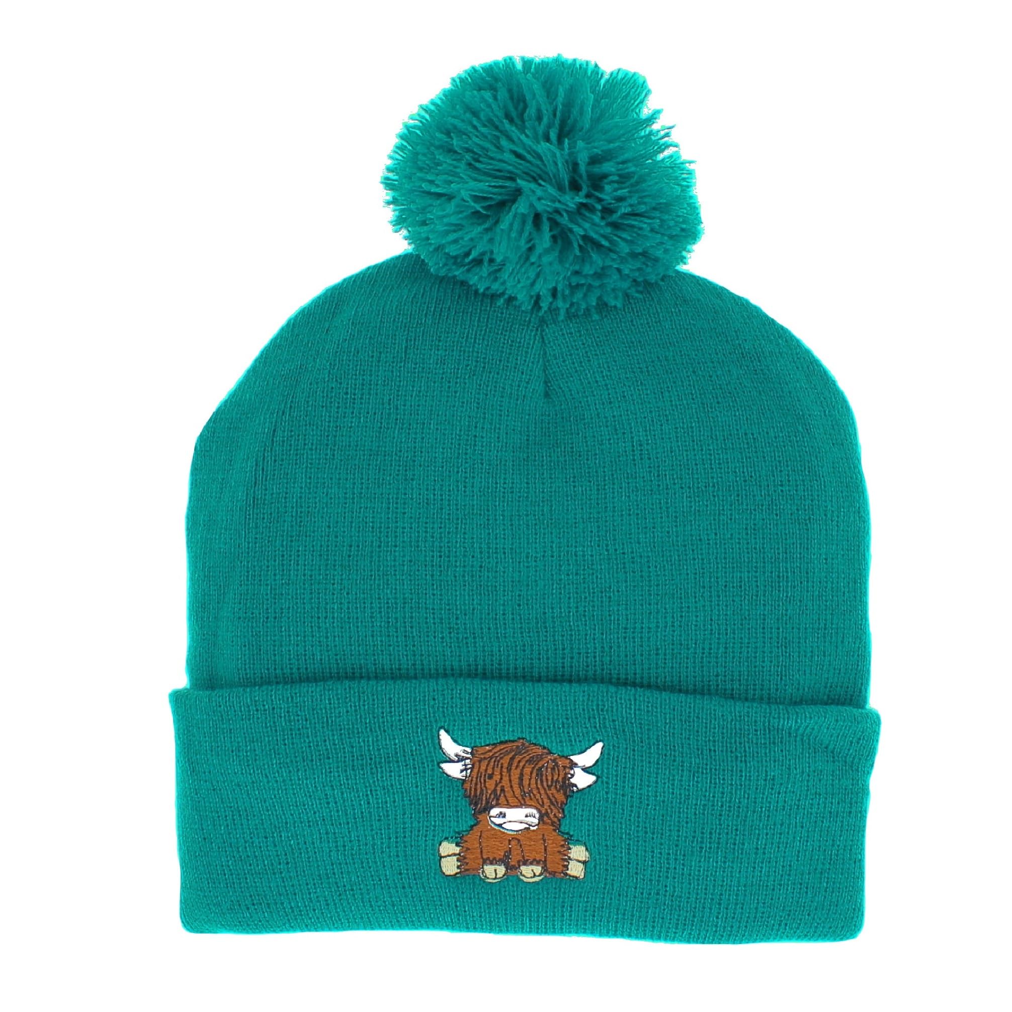 Bobble Hat with Highland Cow Embroidery, One Size, Adults (UK, Alpha, One Size, Turquoise)