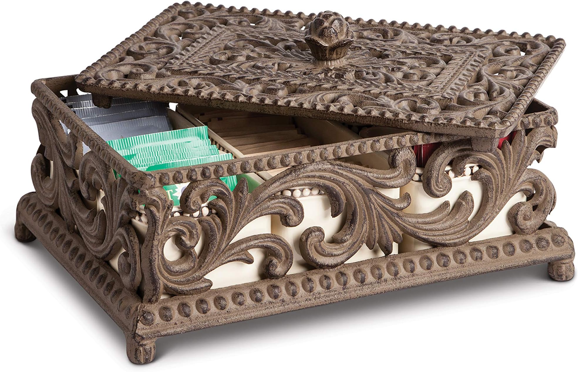 Cream Ceramic Sectioned and Acanthus Leaf Metal Tea Box