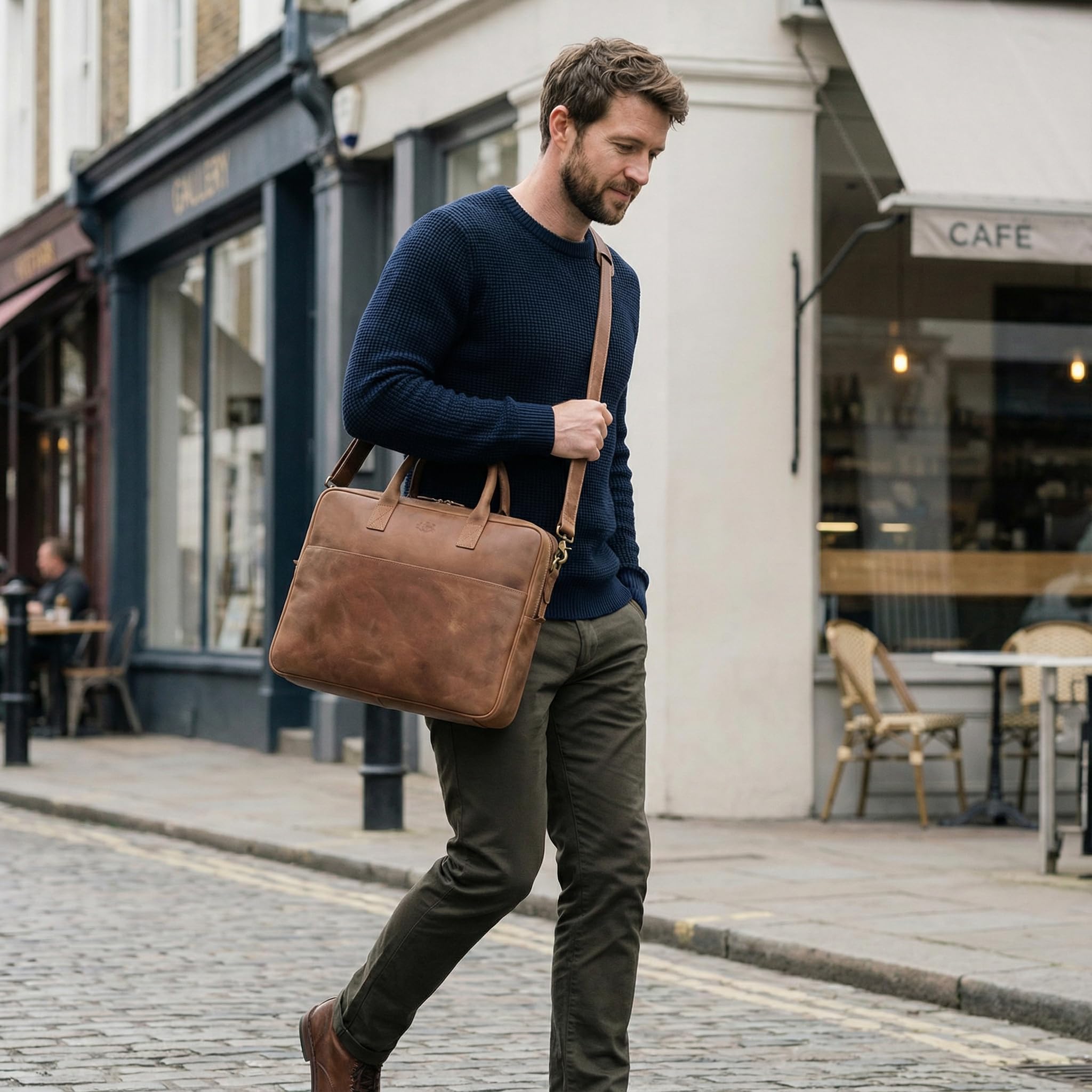 SID & VAIN Grande borsa per computer portatile in vera pelle – 15" pollici borsa da lavoro ADEN L – Borsa a tracolla – Borsa a tracolla – Borsa in pelle uomo beige fatto a mano