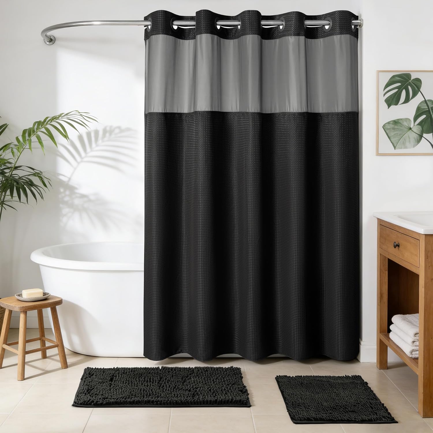 Barossa Design No Hook Shower Curtain Set with Rugs - 2 Pcs Bathroom Rugs and Shower Curtain Sets with Snap-in Liner, Hotel Style Bathroom Accessories, Grey