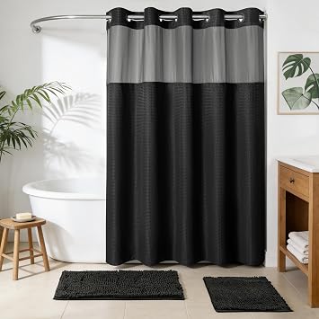 Barossa Design 3 PCS No Hook Waffle Shower Curtain Set with Chenille Bath Rugs - 71" x 74" Black Shower Curtain with Snap-in Liner & Non-Slip Soft Bathroom Mat Accessories