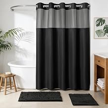 Barossa Design 3 PCS No Hook Waffle Shower Curtain Set with Chenille Bath Rugs - 71" x 74" Black Shower Curtain with Snap-in Liner & Non-Slip Soft Bathroom Mat Accessories