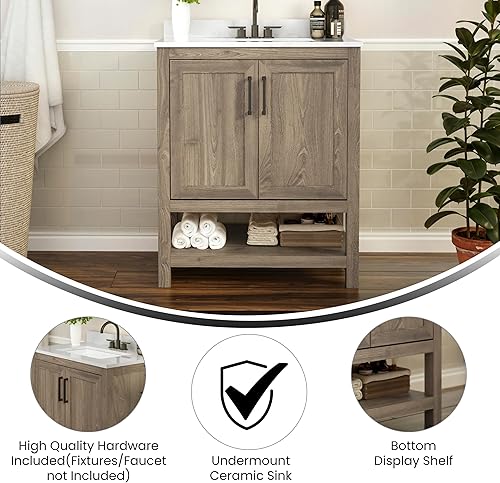 Miniatura 4 de Flash Furniture Vega - Juego de tocador de baño de 30 pulgadas con lavabo, armario de almacenamiento con puertas de cierre suave y estante abierto,