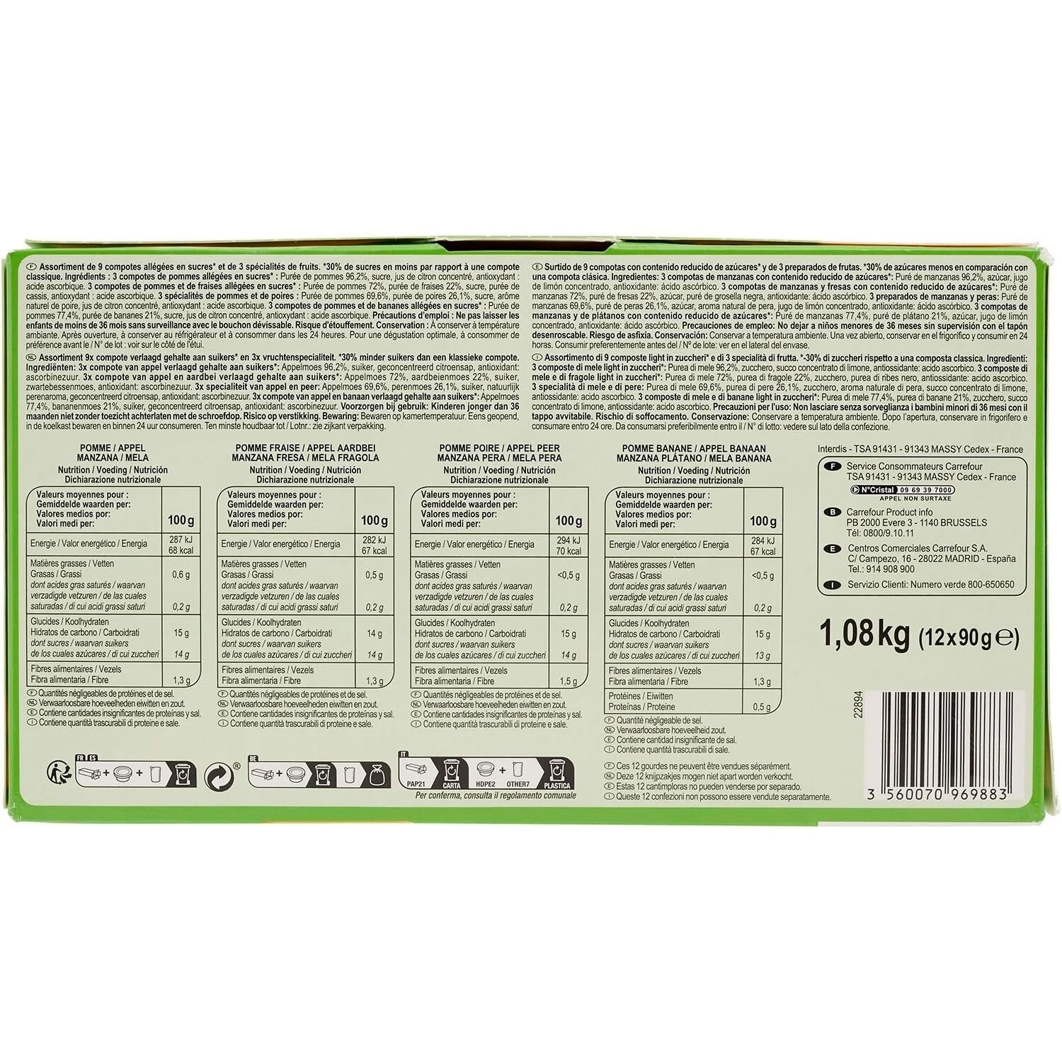 CARREFOUR CLASSIC - Assortiment de 12 Compotes Allégées en Sucres Pomme, Pomme Fraise et Spécialités Pomme Poire - les 12 gourdes de 90g - 1080g - Le Lot De 3
