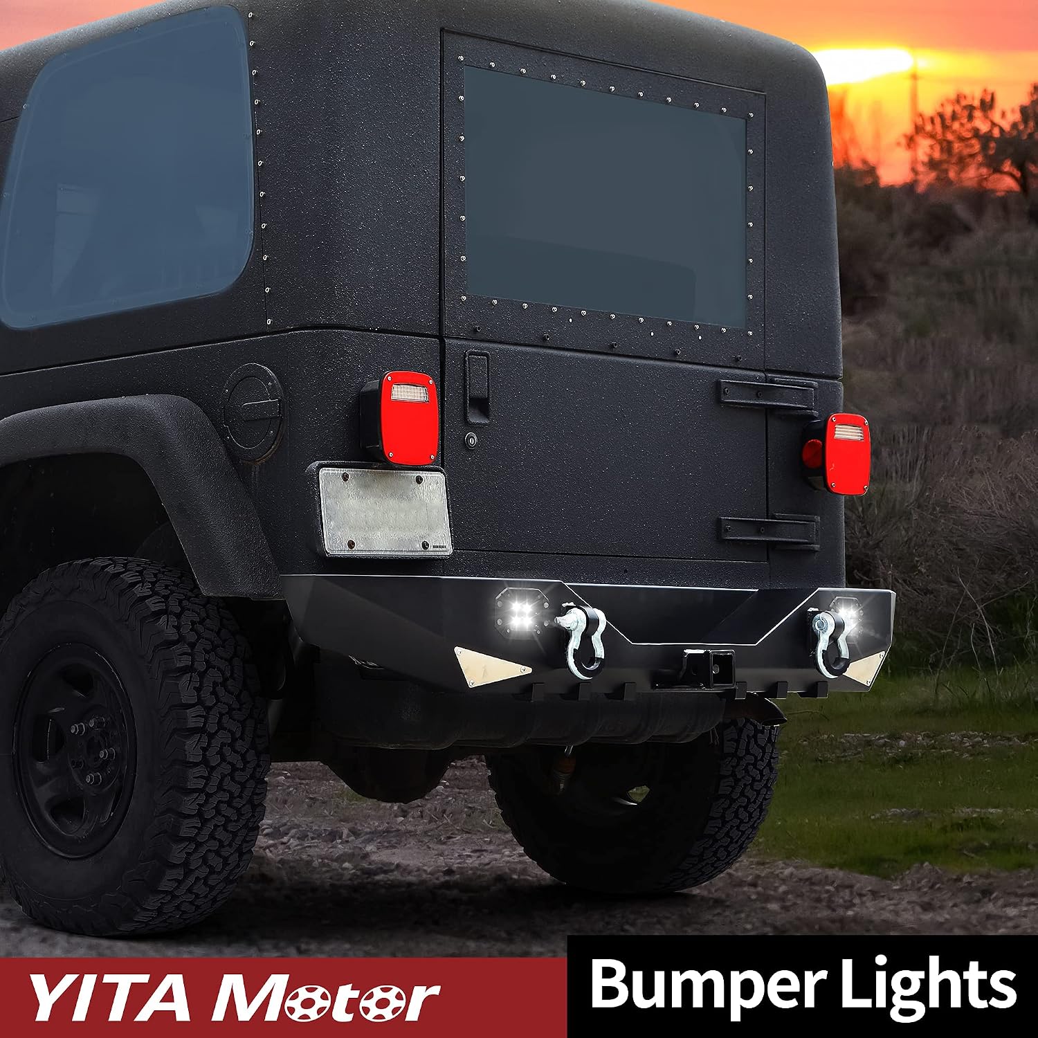 YITAMOTOR Rear Bumper Combo Compatible with 1997-2006 Jeep Wrangler with 2" Hitch Receiver & D-Rings & Square LED Lights, Upgraded Textured Black Off Road Rock Crawler