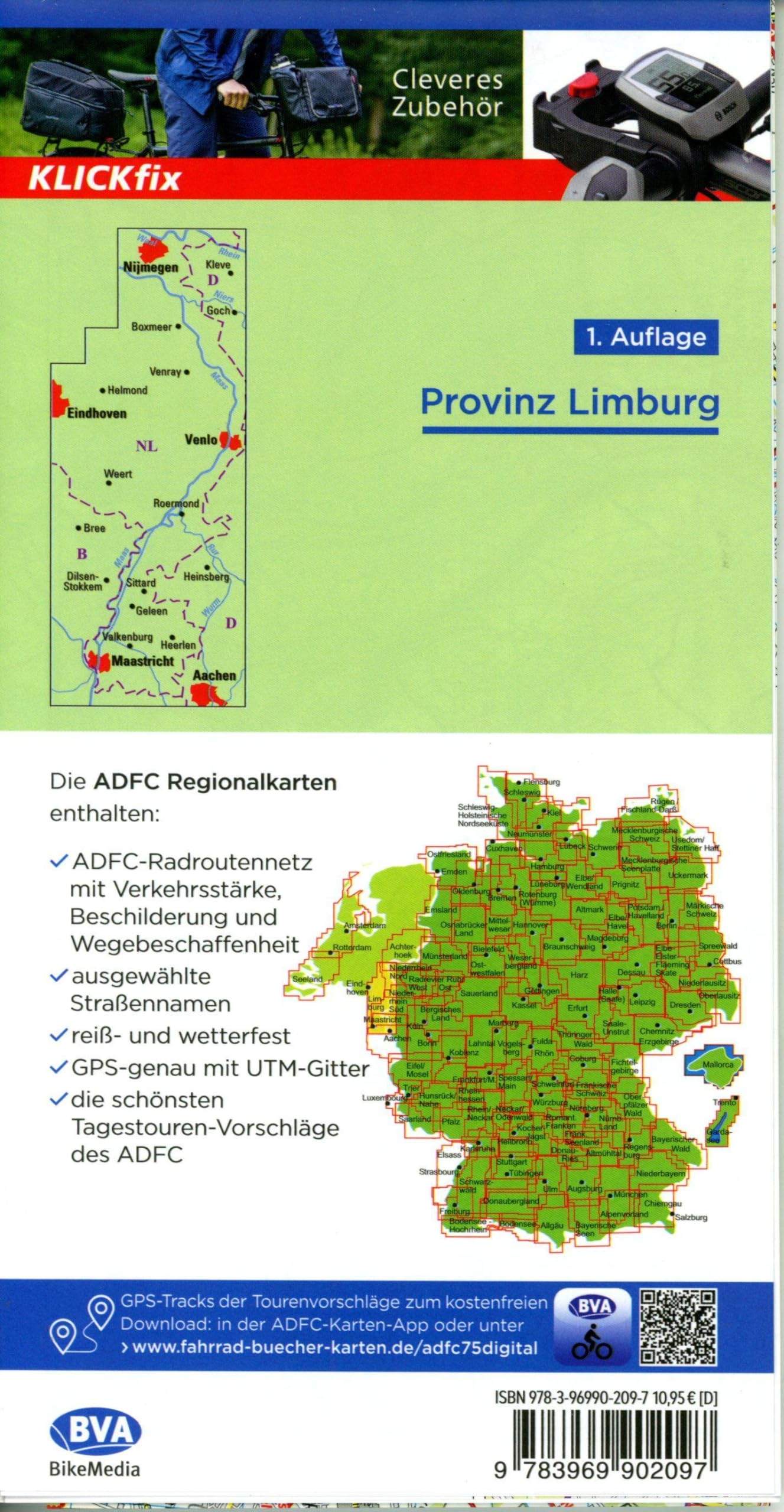 BVA ADFC Regionalkarte Limburg, mit Knotenpunkten 1:75.000: mit Tagestourenvorschlägen und allen punkten, reiß- und wetterfest, E-Bike-geeignet, ... Venlo, Eindhoven und Nijmegen.: 747