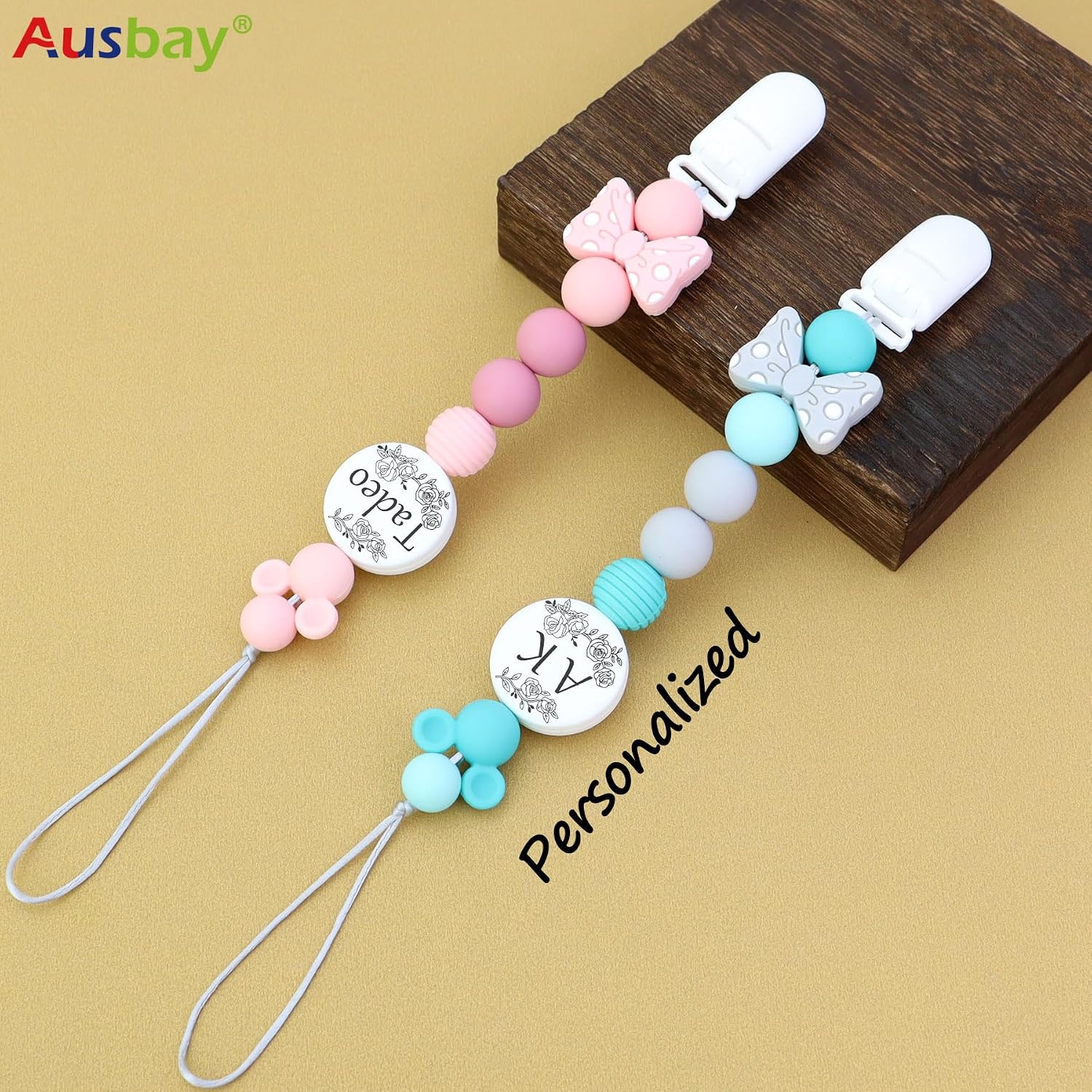 Customized Silicone Pacifier Clip, Pacifier Holder Sets for Boys and Girls, Personalized Adorable Mouse Pacifier Clips Fits for Most Pacifier, Baby Teethers, Baby Shower and Baby Gift (Pink)