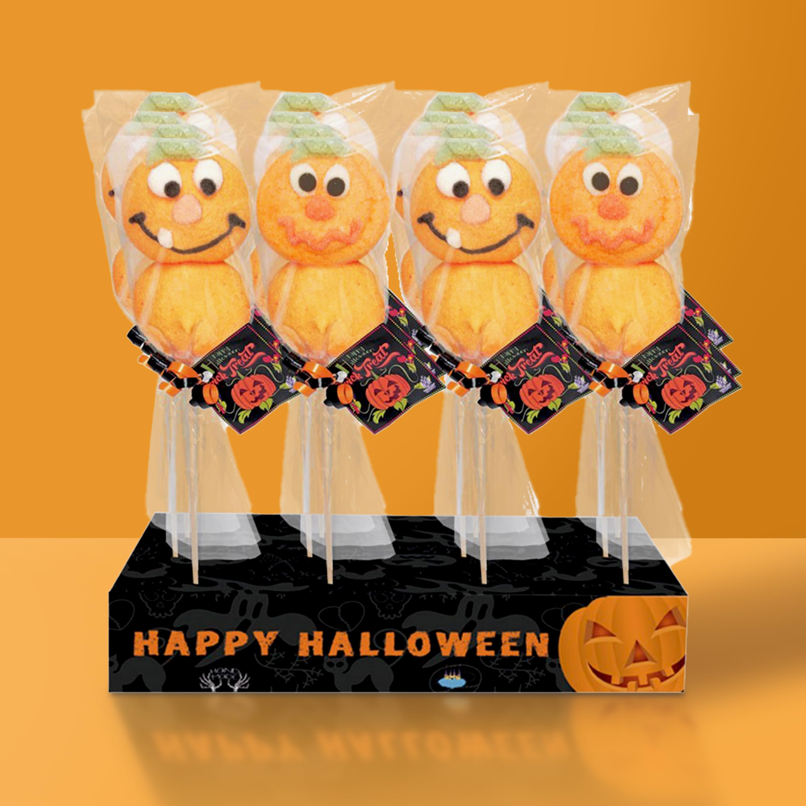 Halloween Marshmallow Spieß Display mit 16 Stück – Bunte Marshmallow Spieße im Kürbis-Design – Perfekt für Halloween-Partys, Candy Bar, Verkauf & Trick or Treat