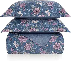 Kit Cobre Leito Colcha Boutis 3 Peças Matelado Ultrassônico Estampado Dupla Face Porta Travesseiro Aba Americana Micro Percal 150 Fios (Catarina Azul, Casal)