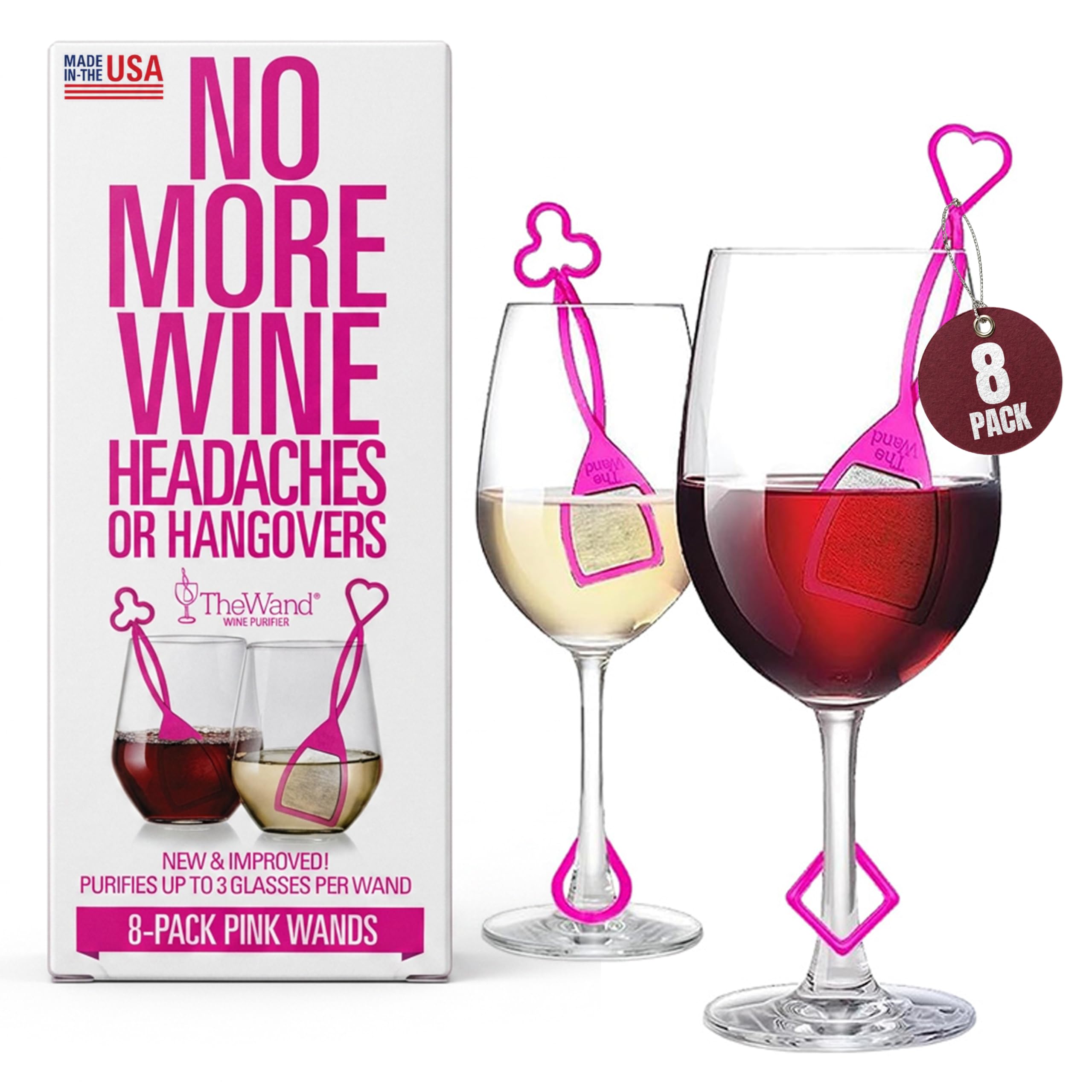 PureWine Weinfilter „The Wand“ mit Weinglas-Anhänger | Entfernt Histamine & Sulfite – Weniger Kopfschmerzen | Belüftet Wein in 3 Min | Einweg-Weinreiniger für Rot-, Weiß- & Schaumwein | Pink | 8 Stk.