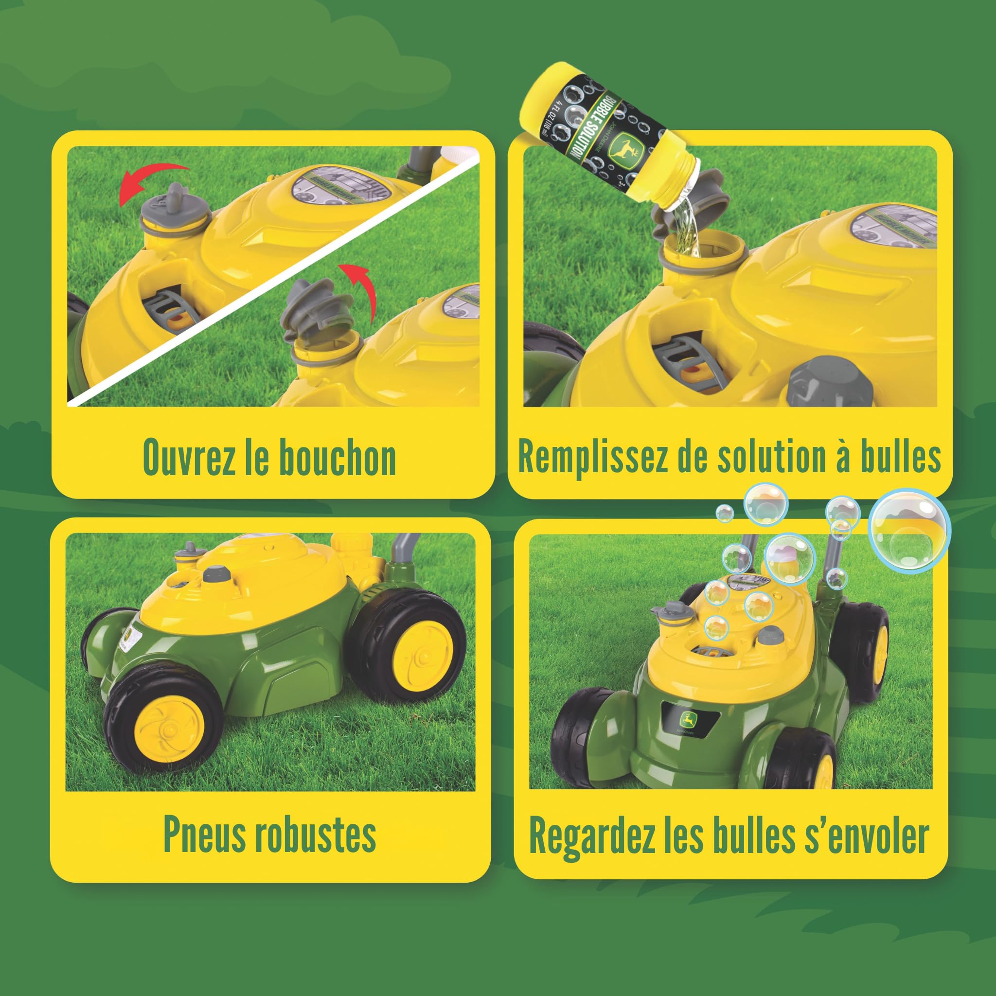 John Deere Tondeuse à Bulles pour Enfants, Jouet de Jardin Extérieur avec Machine à Bulles, Son Réaliste sans Piles, Jeu d’Imitation pour Filles et Garçons, Solution à Bulles Incluse, Dès 2 Ans