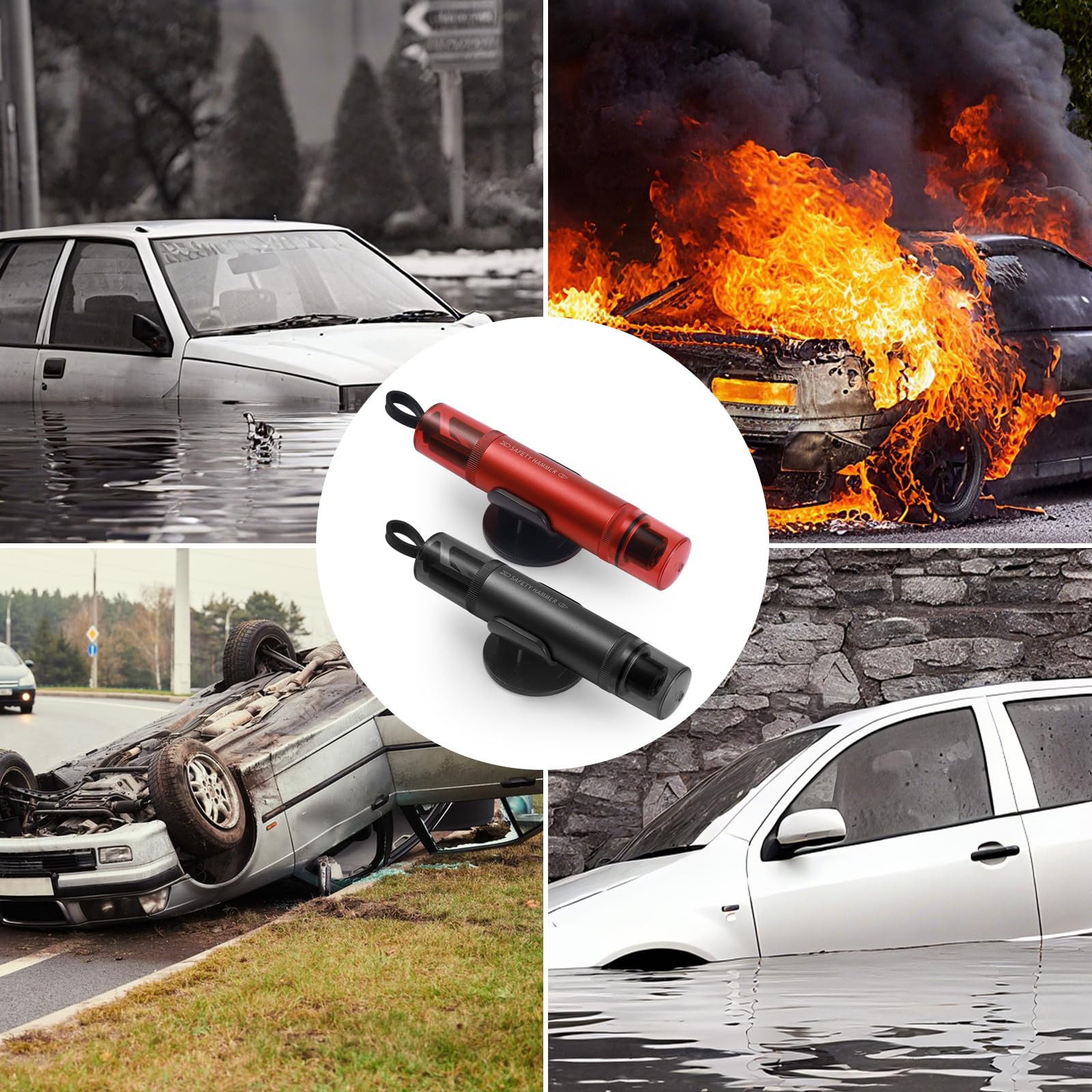 Młotek awaryjny do samochodu, 2 sztuki, wielofunkcyjny młotek awaryjny 2 w 1, z przecinakiem do pasów, przenośny zbijak do szyb z cokołem do ratownictwa awaryjnego i w sytuacjach awaryjnych