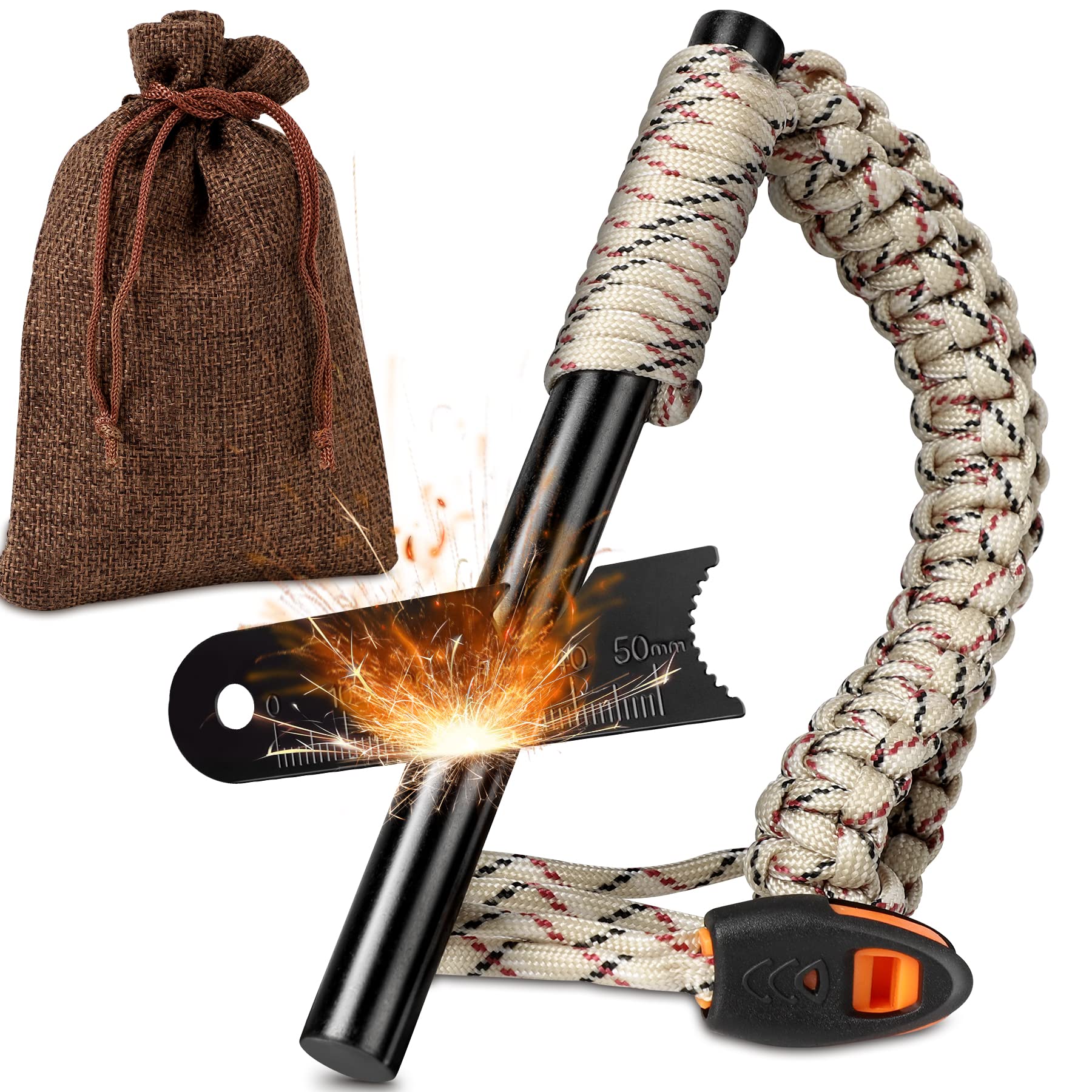 Popolic Survival Fire Steel | Flint And Steel Fire Starter Kit Magnesium Ferrocium Rod | Flint Striker with Multifunctional Ruler & Whistle for Outdoor Travelling Camping Hiking, Black, 17.2*5.1*3.6