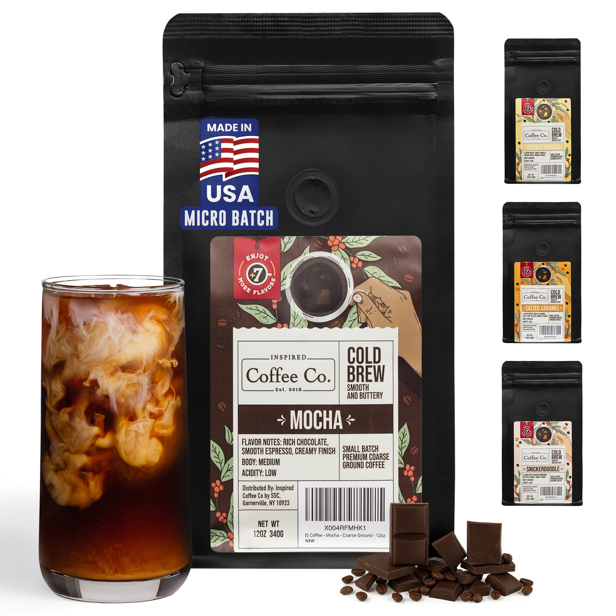 Inspired Coffee Co Mocha Flavored Cold Brew Coffee Coarse Ground Coffee Beans Medium Roast - Low Acid Coffee Smoother Taste - 100% Arabica - 12 oz. Resealable Bag