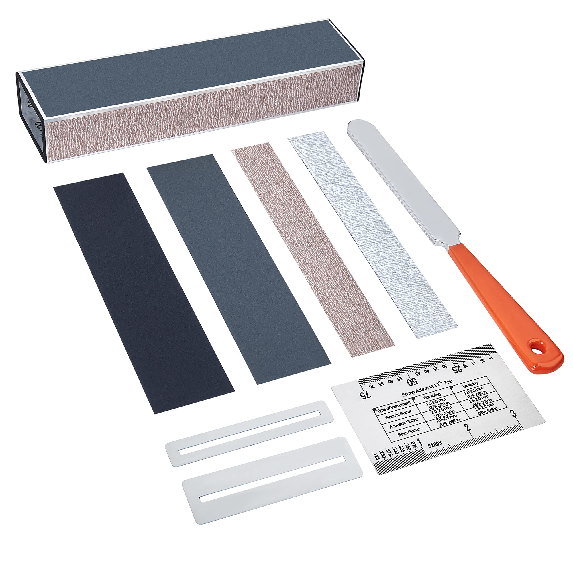 MIECOO 9PCS Guitar Luthier Repair Tool Kit Includes Guitar Fret Leveling Sanding Beam Leveler, Guitar Fret Crowning File, String Action Ruler Gauge, Fretboard Guards and Replacement Sandpapers