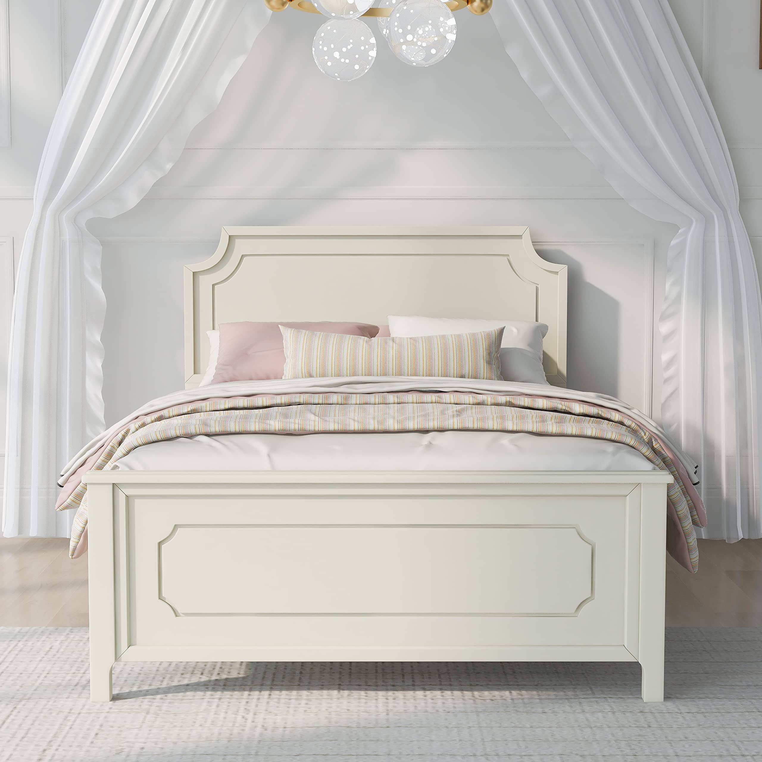 Harper & Bright Designs Full Size Platform Bed with Headboard and Footboard, Rubber Wood Full Bed Frame with Sturdy Slat for Bedroom, No Box Spring Need, Easy Assembly (Ivory White)