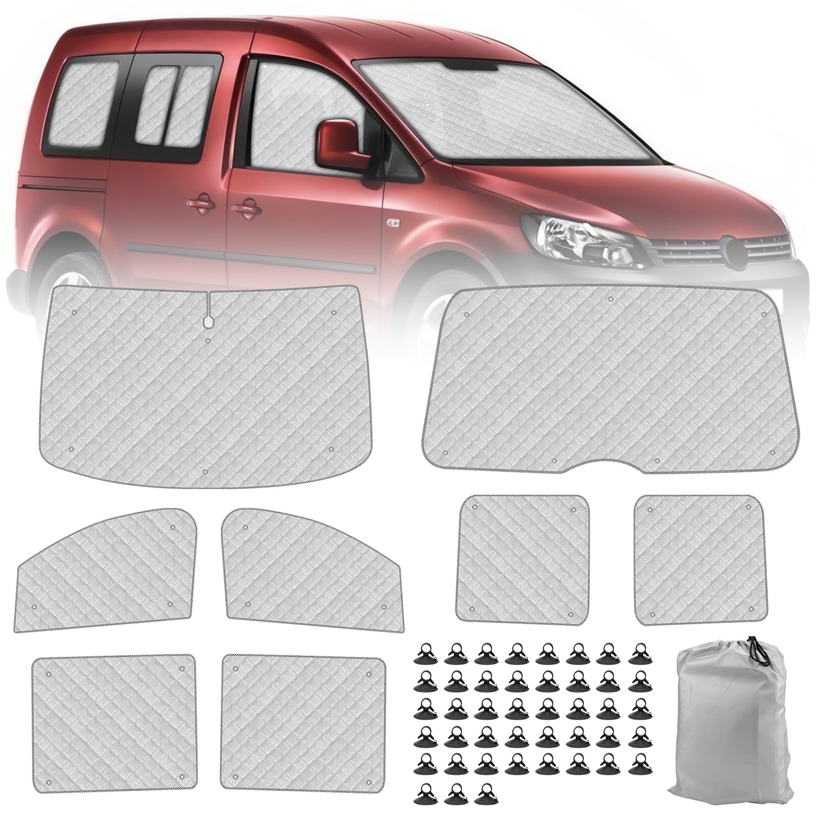 Roadtime Parasol para Parabrisas de Coche para Caddy Life Tramper 04-19 SWB | 8 unidades, alfombrillas térmicas para cabina, toldo parasol delantero, parabrisas interior, protección UV, plegable