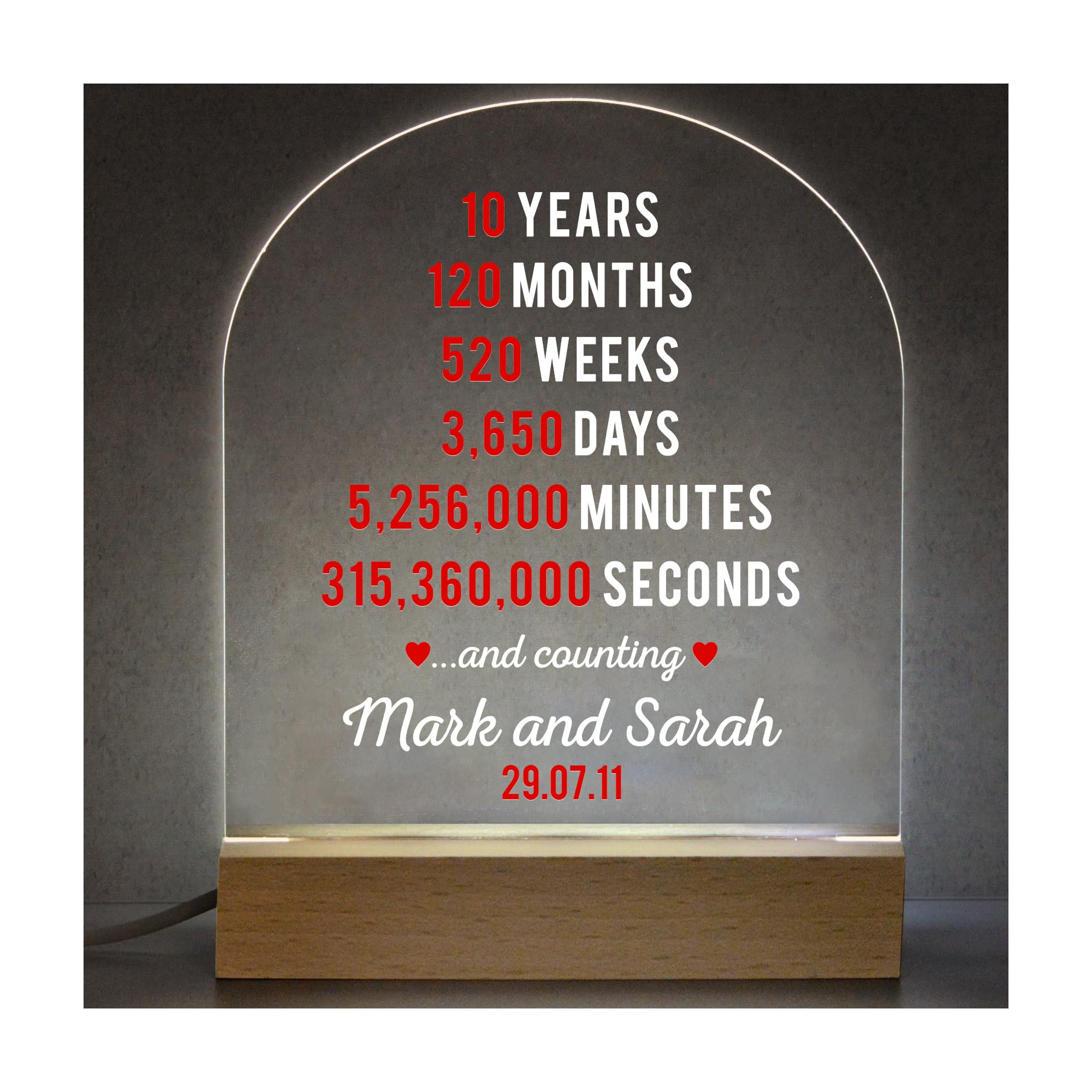 10th Anniversary Gifts for Husband Wife, Personalised Tin Wedding Anniversary LED Night Light Gifts for Couples, 10 Years Married, 10 Years Together Boyfriend Girlfriend