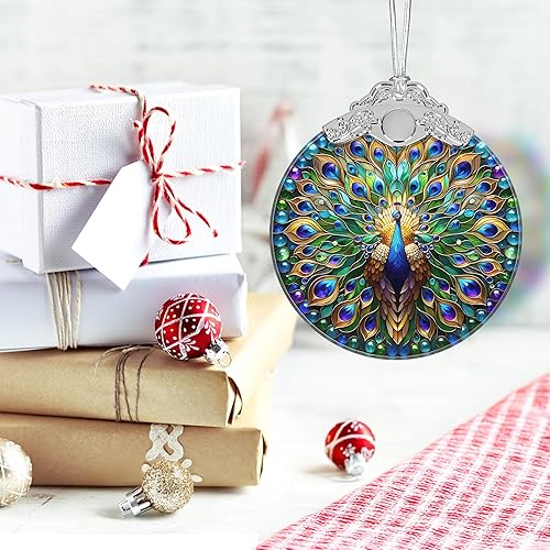Miniatura 6 de Adorno de Navidad, adornos para árbol de Navidad, adorno colgante de vitral, adornos de vacaciones, idea de regalo única, pavo real