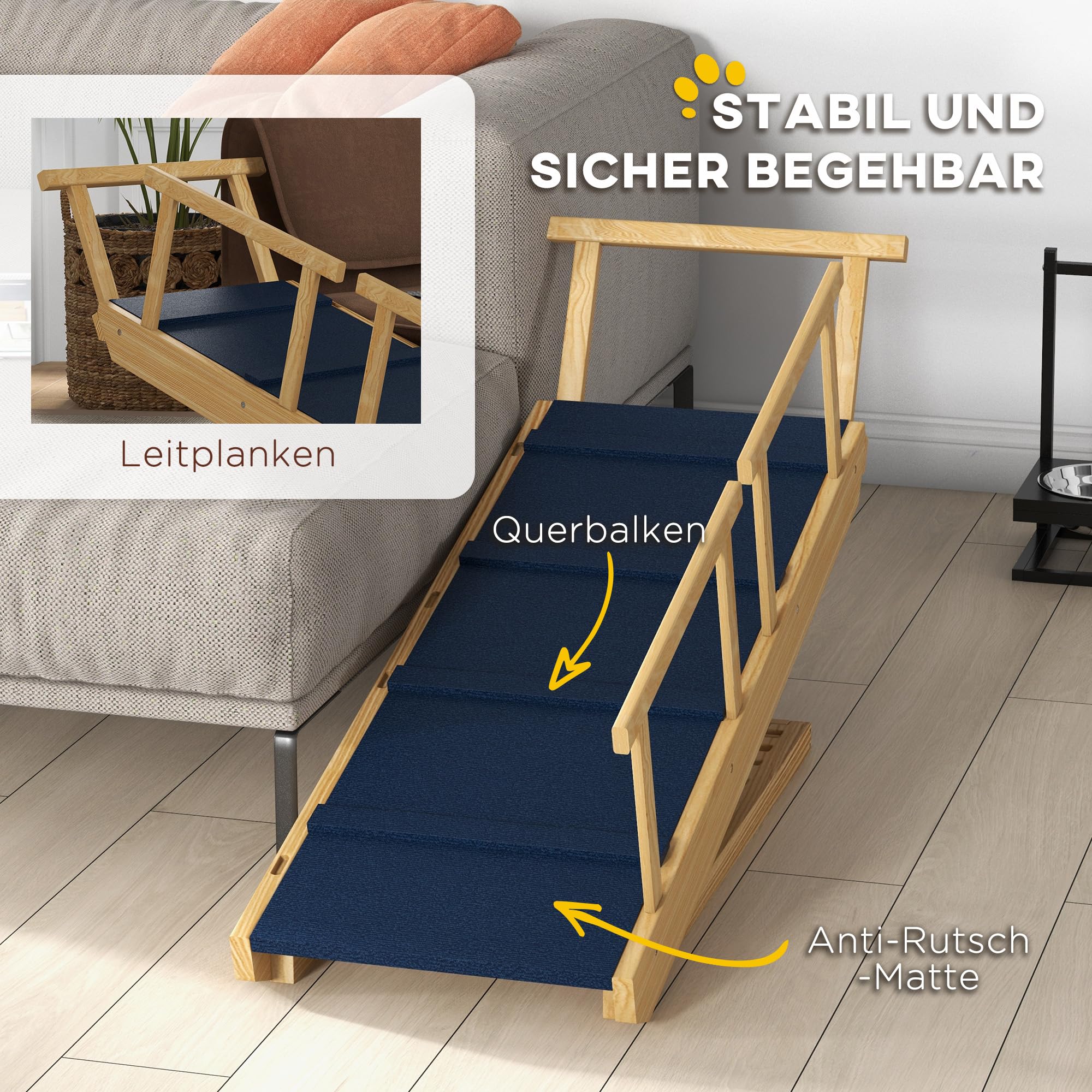 Rampa per cani PawHut Rampa pieghevole per animali domestici con ringhiera rimovibile, ausilio antiscivolo per la pensione dei cani fino a 40 kg, 85 x 40 x 78,5 cm, natura