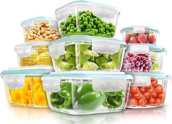 KICHLY - Recipientes De Vidrio Para Alimentos - Paquete De 9 Recipientes Herméticos Para Alimentos Con Tapas Transparentes - Aptos Para Lavavajillas Y Microondas, Sin BPA - 1