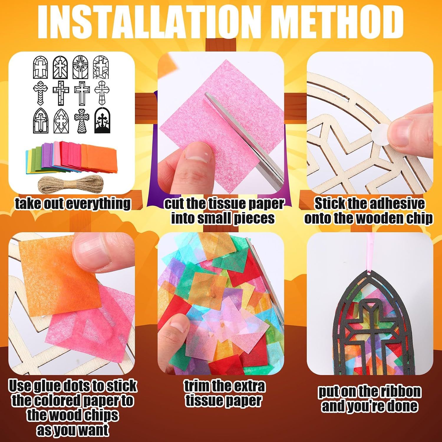 Fumete 36 Set Religious Wooden Cross Suncatchers Craft DIY Religious VBS Window Stain Glass Effect Paper Christian Kit Resurrection Church Art Ornaments Jesus Sunday School Gifts