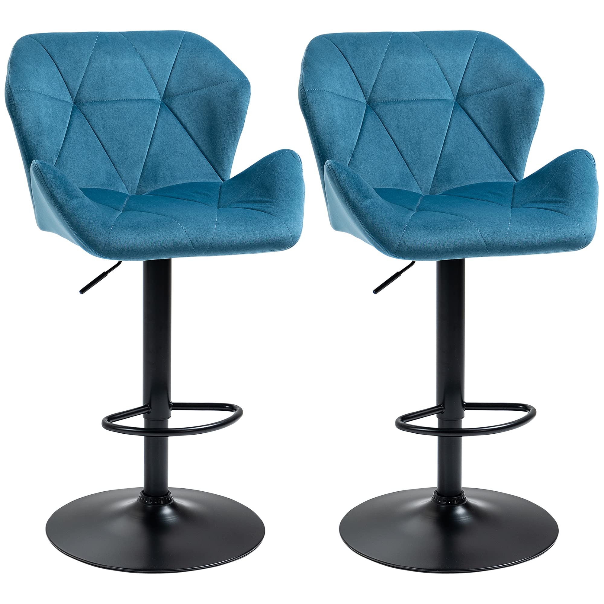 HOMCOM Bar Stools Luxurious Velvet-Touch Footrest Swivel Set Of 2 Blue