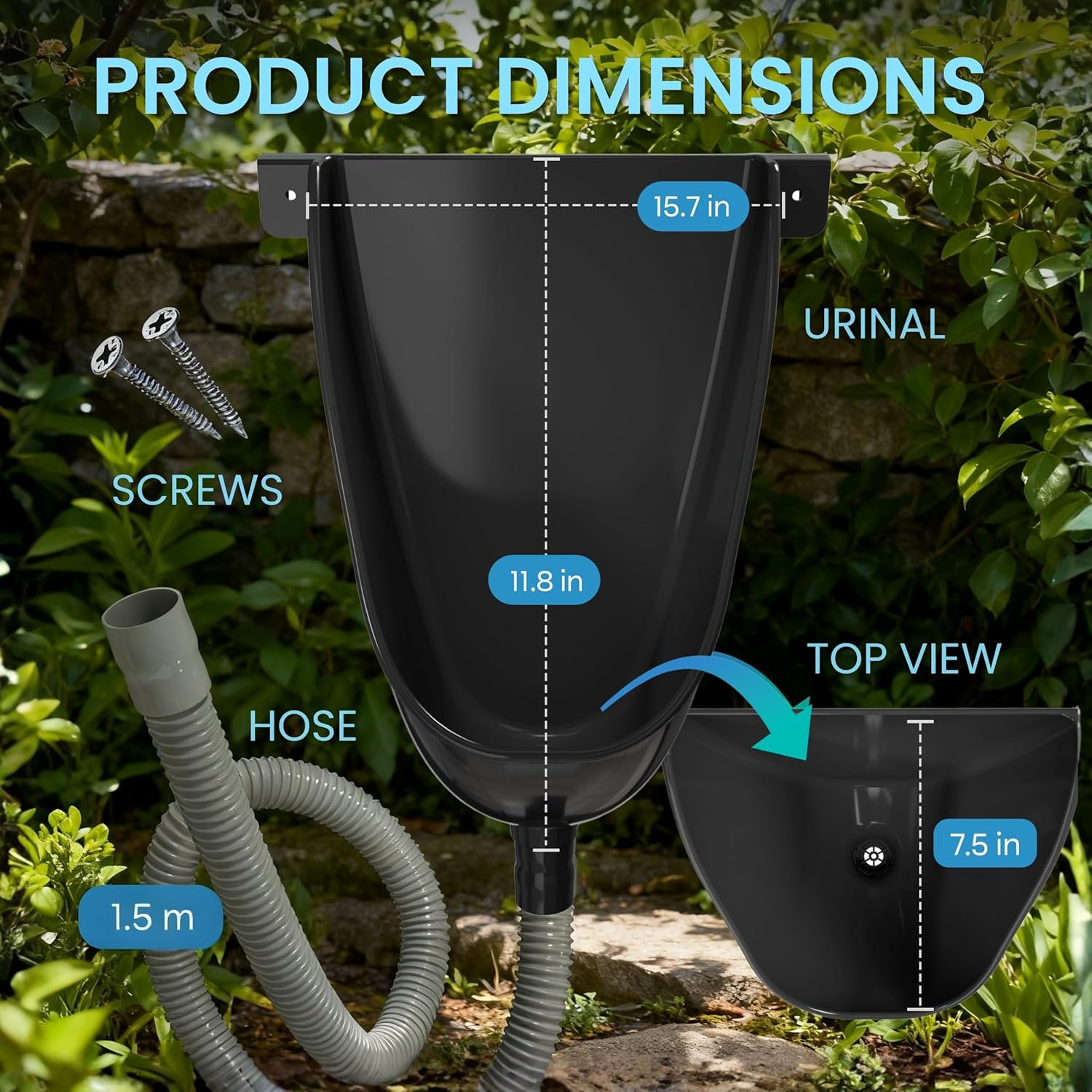 Waterless Urinal with Hose (Black) - UV Resistant Outside Urinal, Outdoor Plastic Urinals, Outdoor Toilet, Garage Urinal, Urine Diverter, Urinals For Men Bathroom