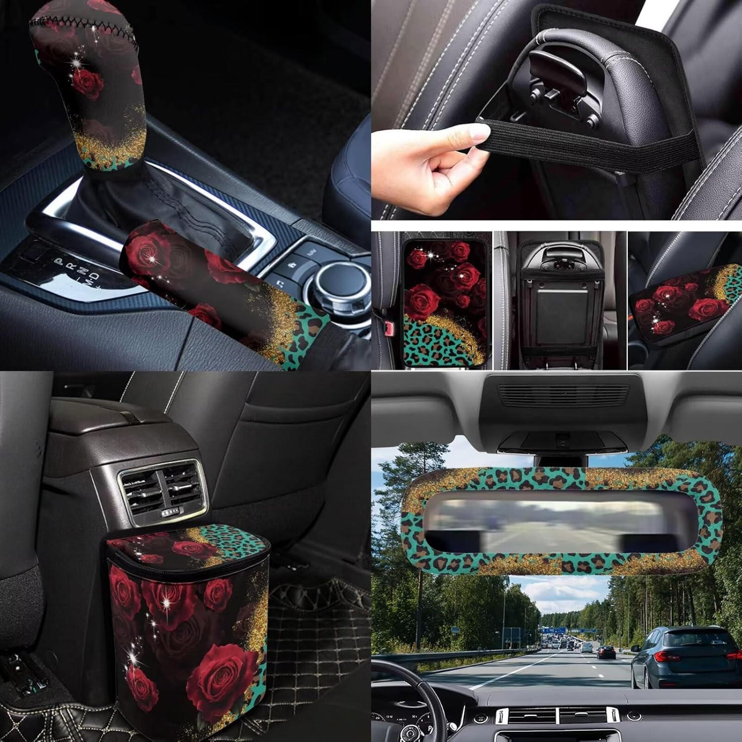 Leopard Print Car Accessories Set 14 Pack,Rose Car Seat Covers Full Set with Front and Rear,Car Coasters,Steering Wheel Covers,Rear View Mirror Cover,Handbrake Sleeve Cover,Easy to Install