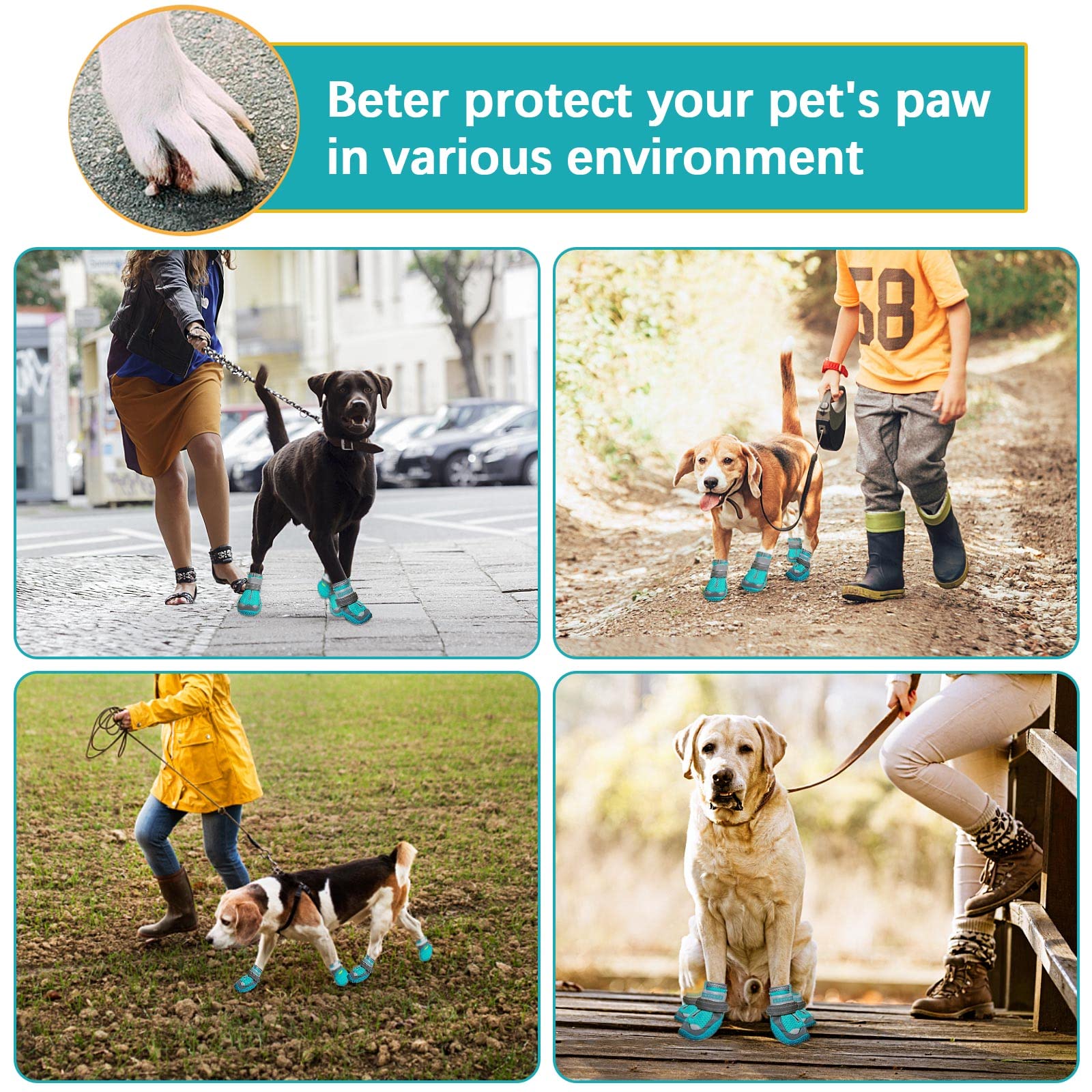 Stivali per Cani, 4pcs Scarpe per Cani Traspirante Antiscivolo con Cinghie Regolabili Riflettenti per Cani Piccola Taglia Media