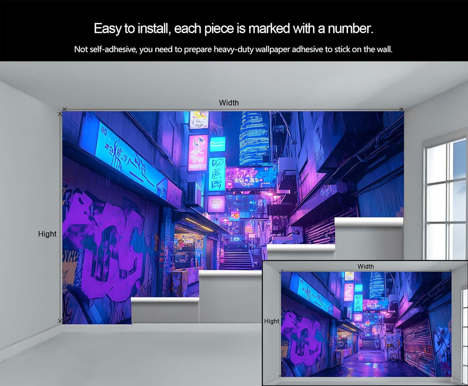 Cyber Alleys Mural, Neon Lights Wallpaper - Purple and Blue Home Decor, Graffiti Wall Mural, Future Retro Wall Murals for Living Room Bedroom TV Background (Non-self-Adhesive)