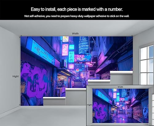 Miniatura 5 de Mural de Cyber Alleys, papel tapiz de luces de neón, decoración del hogar morado y azul, mural de pared de graffiti, murales de pared retro futuros