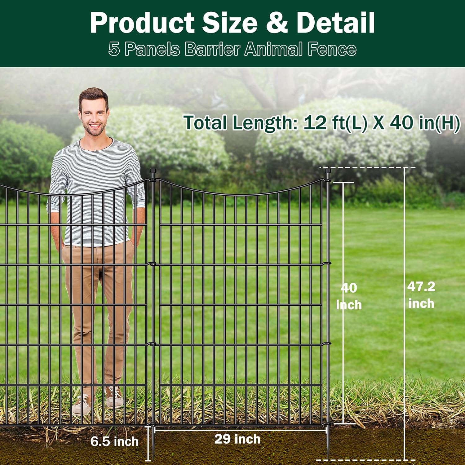 5 Panels No Dig Dog Fence Outdoor for Yard, 40 in(H) X 12 ft(L) Decorative Tall Garden Fence Animal Barrier, Rustproof Metal Wire Garden Edging and Borders, Temporary Fencing Stakes