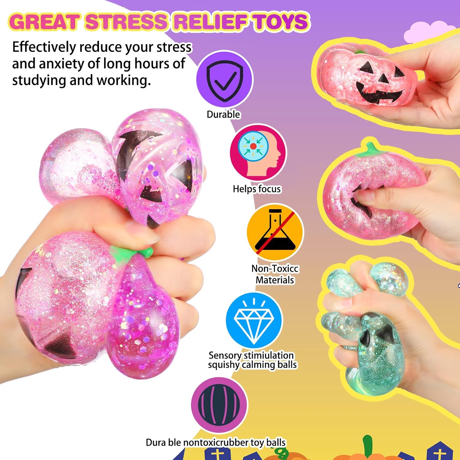 Meooeck 12 Pcs Halloween Pumpkin Stress Balls Bulk 3.2 Inches Halloween Party Favors Pumpkin Sensory Fidget Squeeze Toys Stress Relief Toys for Kids Adult Goodie Bag Basket Stuffers Gift ADHD Anxiety - Image 4