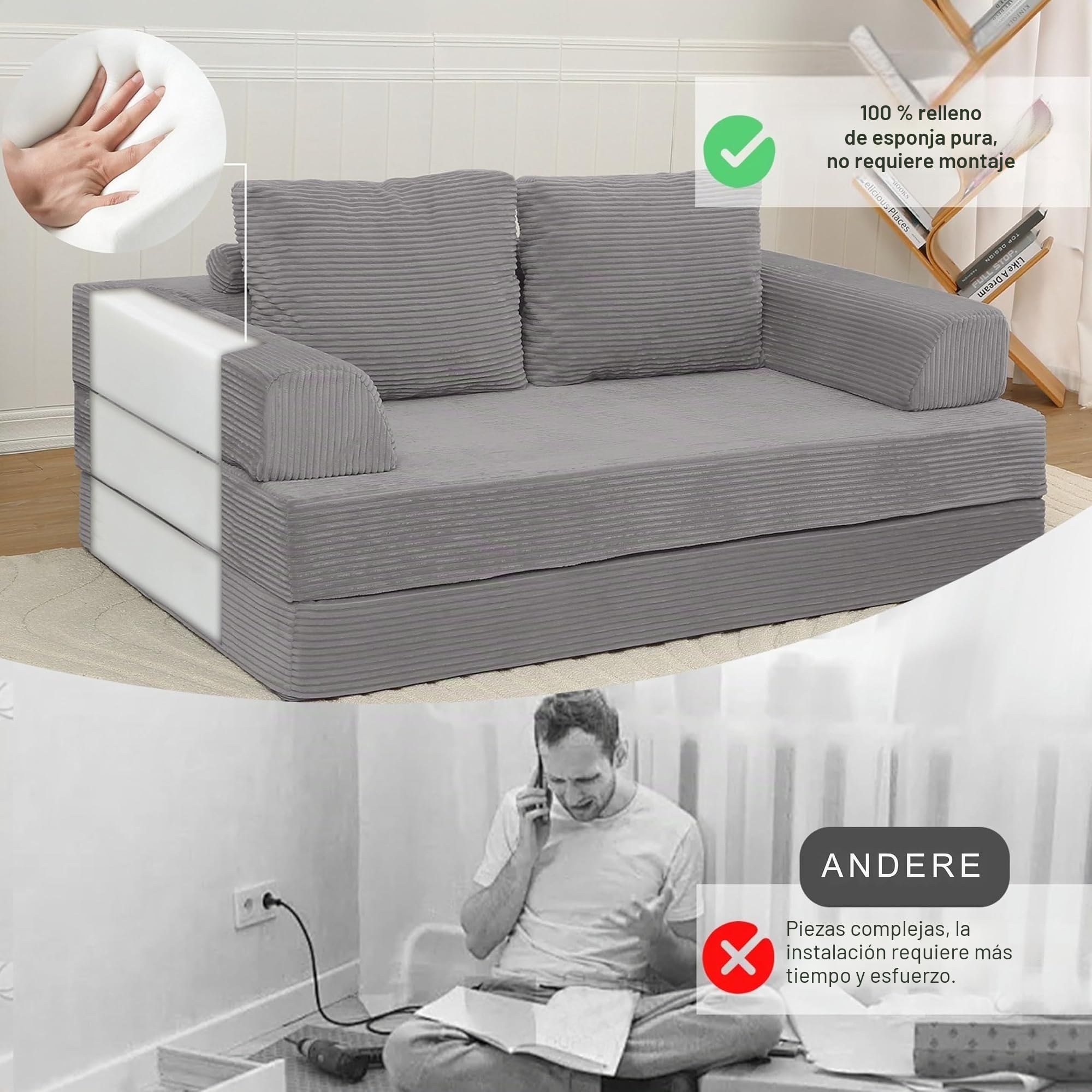 MeMoreCool Sofá cama de pana plegable con cojín, gris claro | Cómodo sofá con colchón y superficie de pana suave, ideal como espacio para dormir, salón o cama de invitados