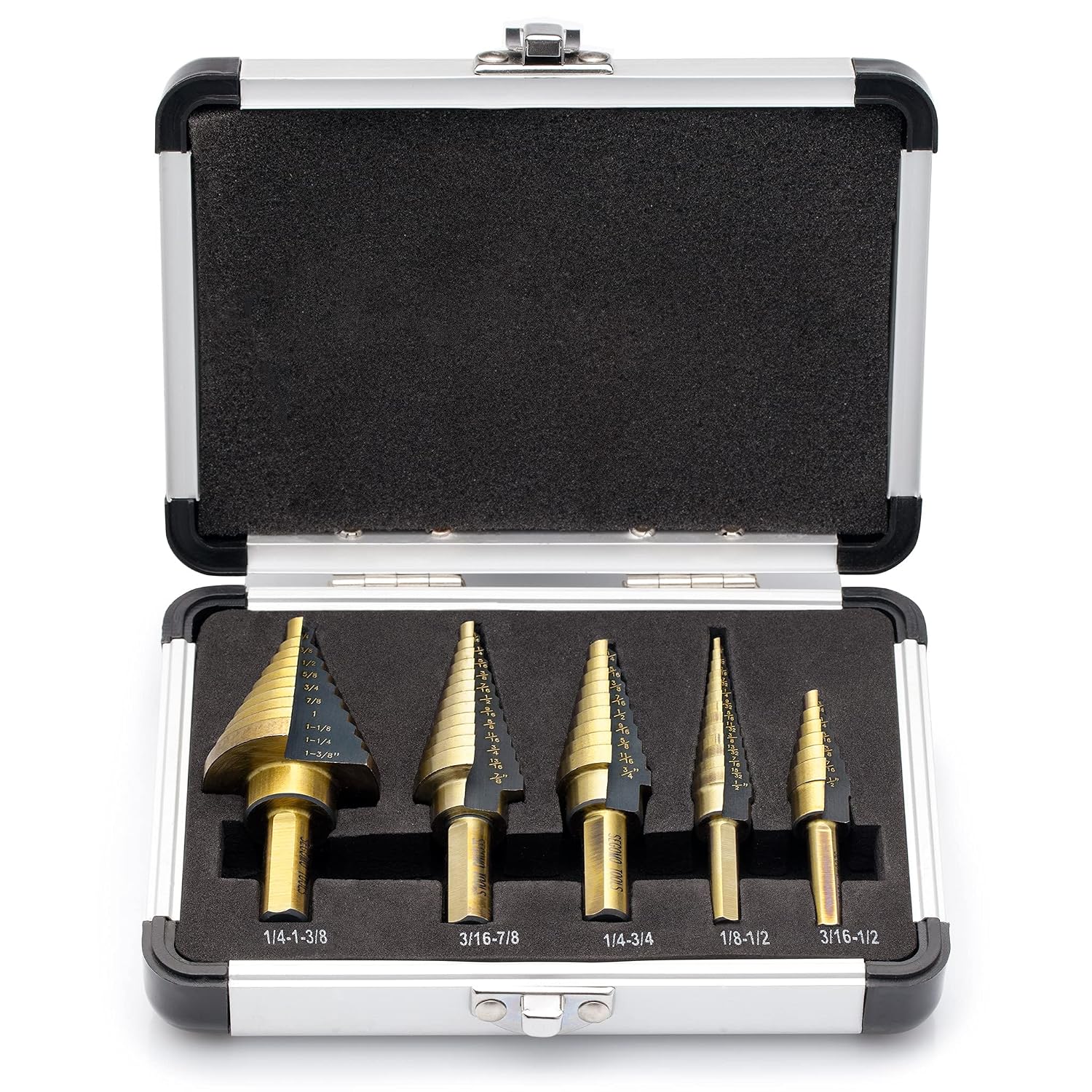 5 Piece SAE Multiple Hole 50 Sizes HSS Step Drill Bit Set with Aluminum Case | Stepped Drill Bit | Cone Drill Bit | Step Bit Set | Multiple Hole Drill Bit | Drill Step Bit - SDS5SAE
