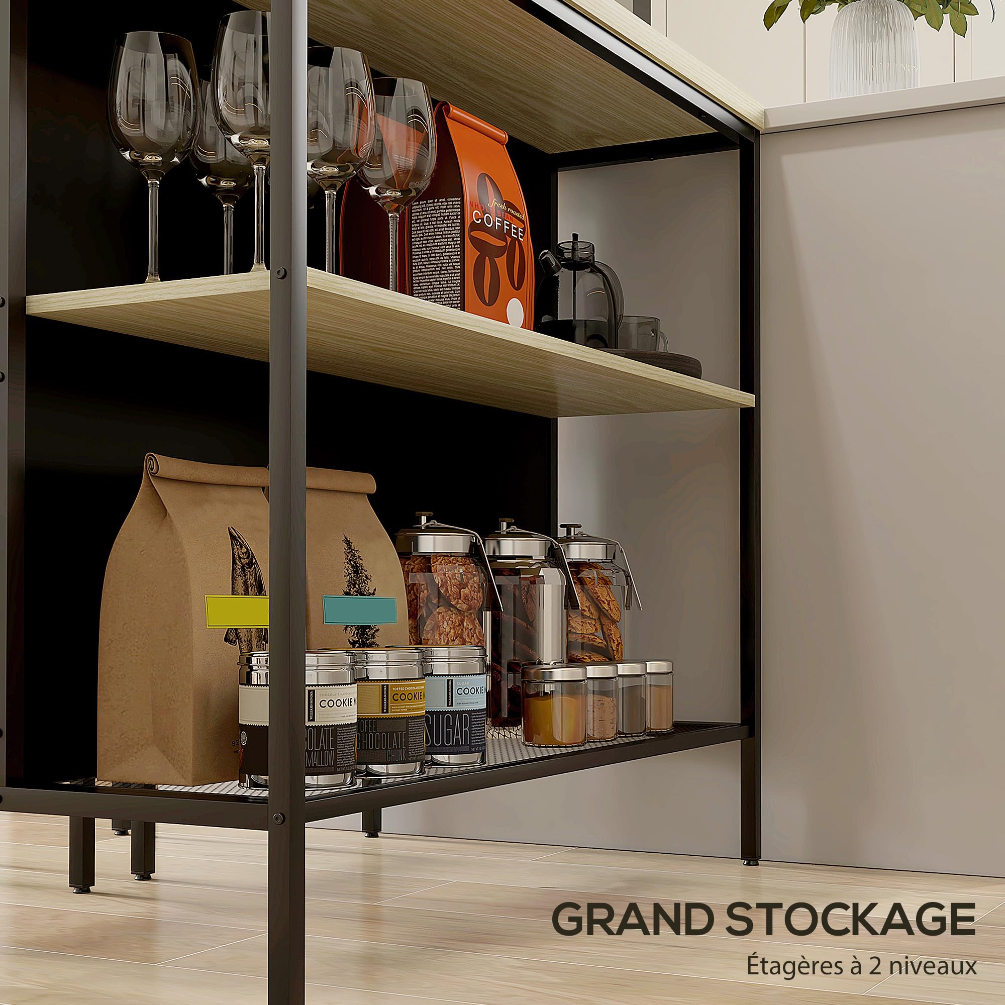 HOMCOM Ensemble Table de Bar et 2 tabourets avec Repose-Pieds, étagère de Rangement, Style Industriel, métal Noir et Aspect Bois