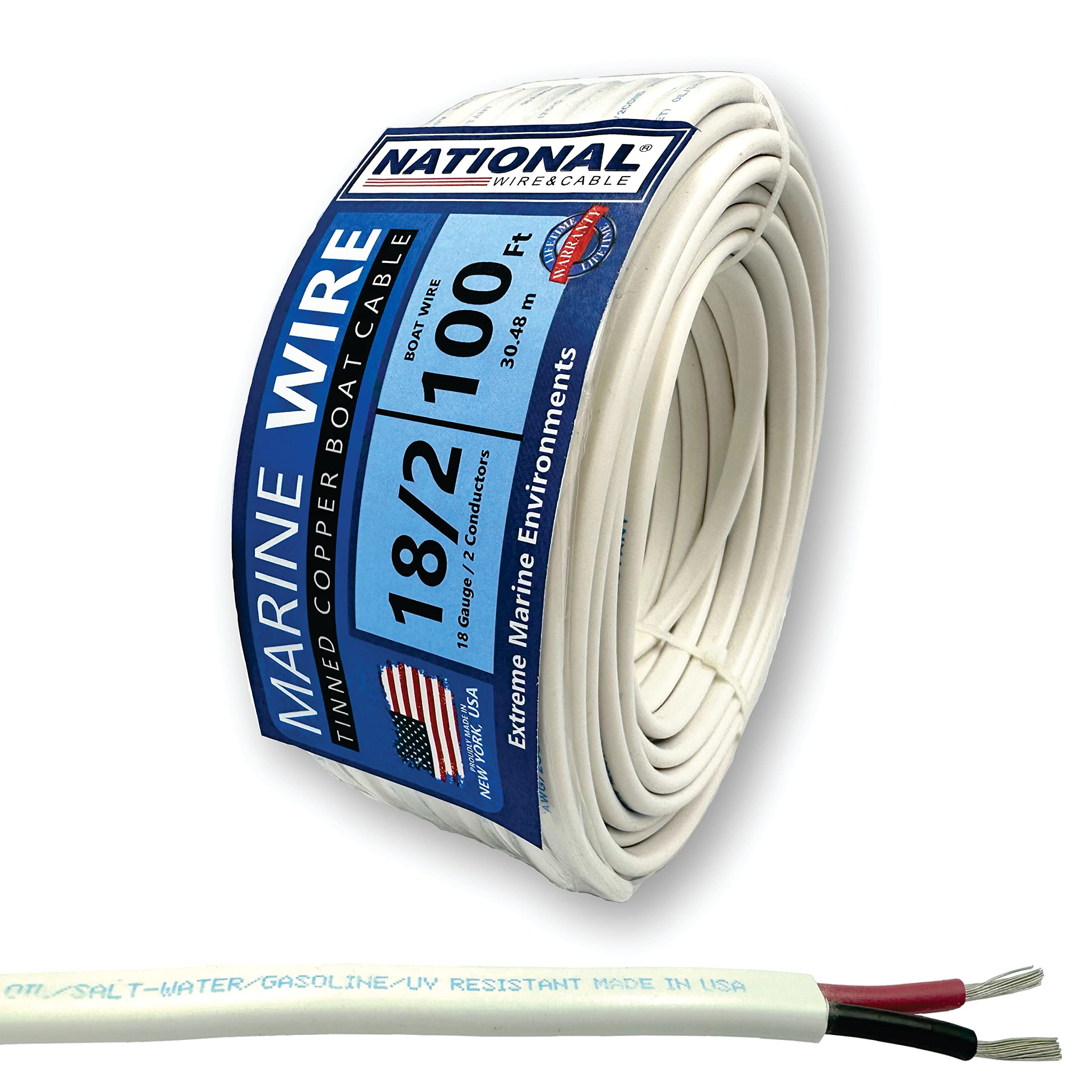 NATIONAL Wire&Cable 18/2 Marine Wire - 100 Ft - Made in USA - Tinned Copper Duplex Boat Wire - 18-Gauge 2-Conductor Shethed - Designed for Boat/Marine