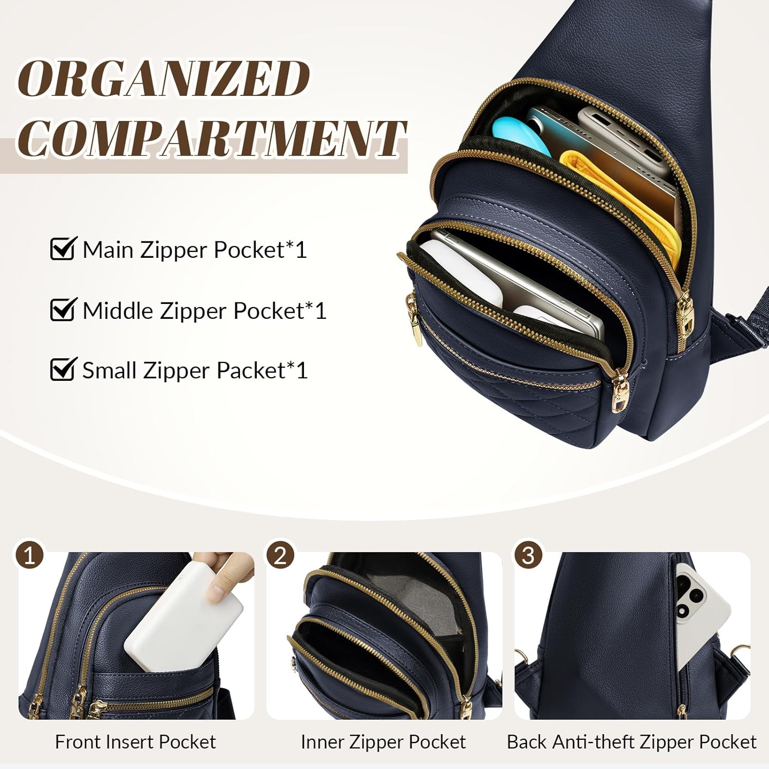 JASGOOD Women Anti-theft Crossbody Sling Bag, Leather Chest Bag Sling Backpack for Fashion Travel,Navy Blue