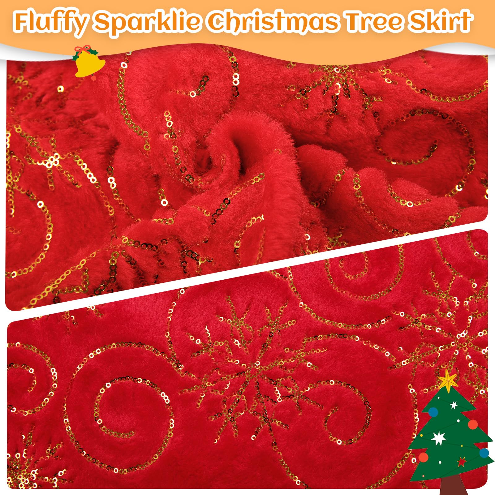 Jupe de Sapin de Noël Rouge KONVINIT - Tapis d'Arbre en Peluche avec Paillettes Dorées 78/90/120cm