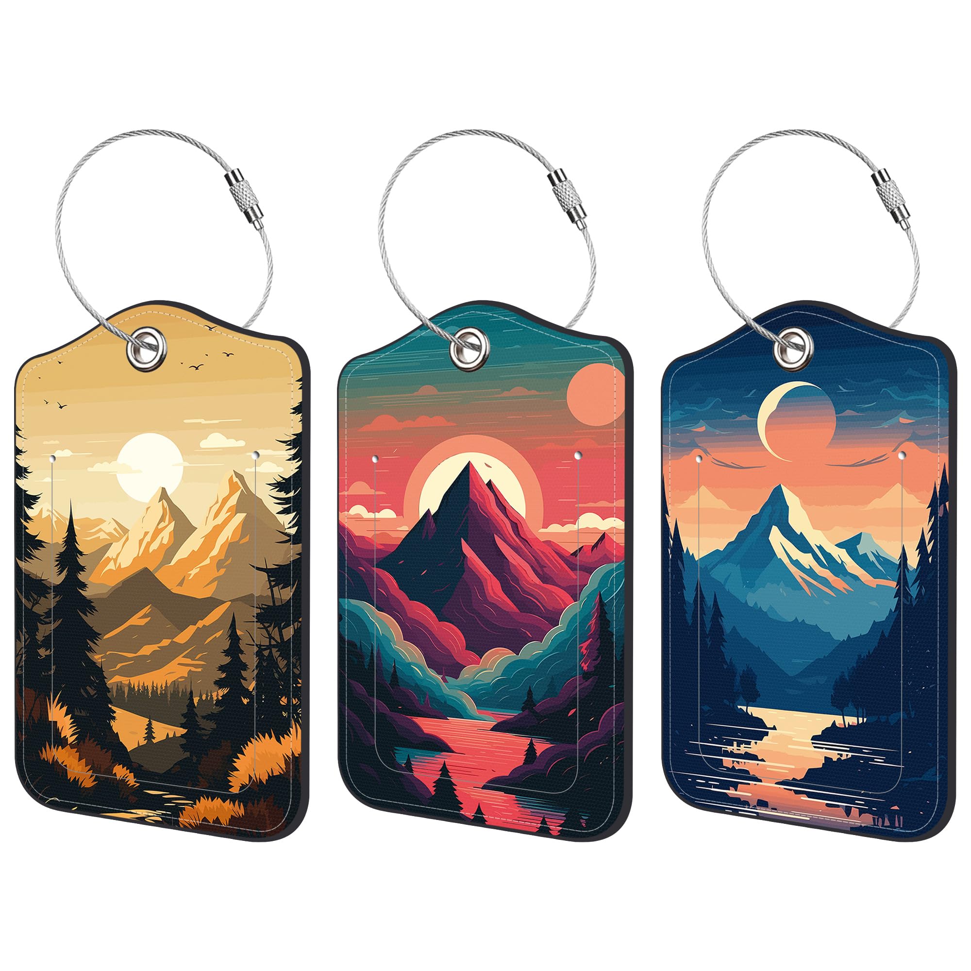 Luggage Tags for Suitcase 3 PCS Mountain Lake Trees Moon Scenery Leather Travel Luggage Tag with Stainless Steel Loop Name ID Label Privacy Cover for