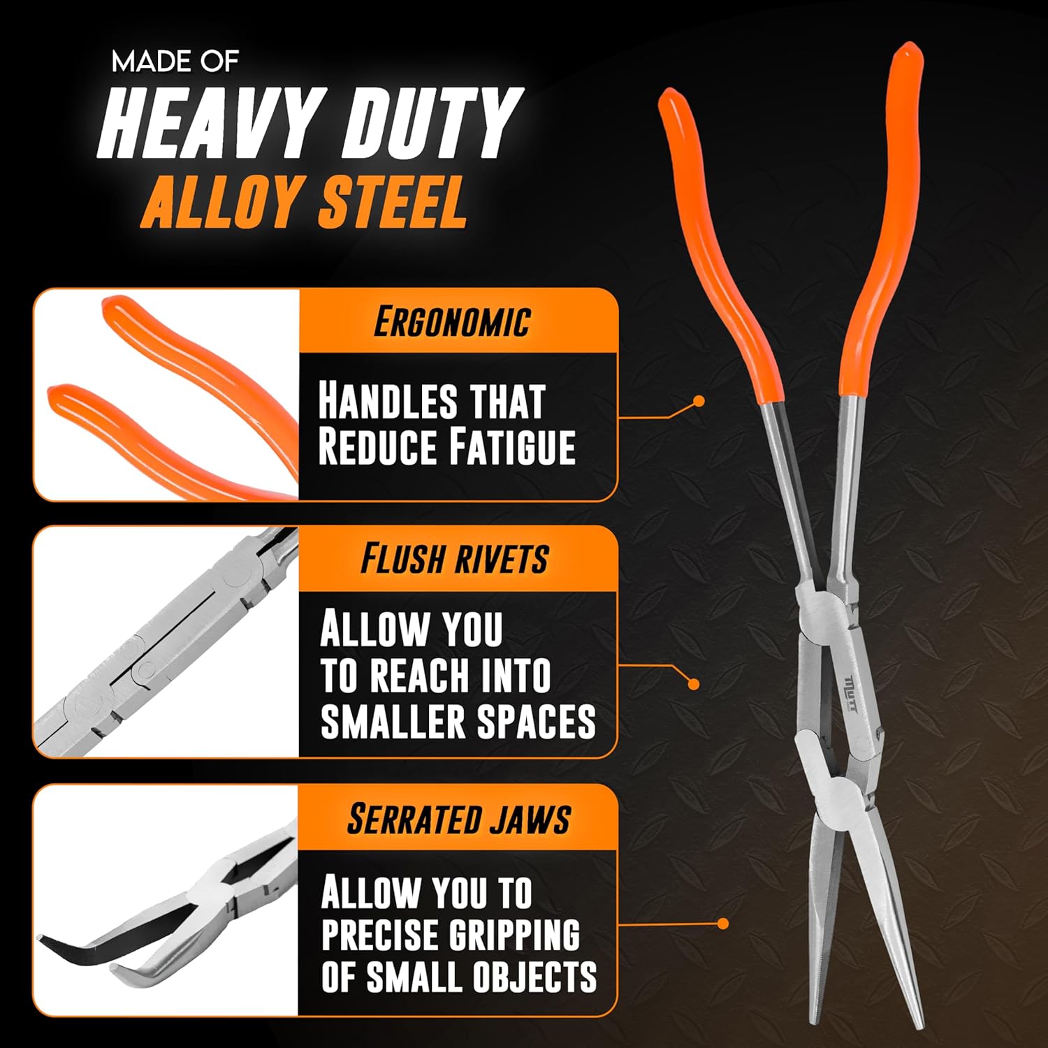 Mutt Tools 2pc 13" Extra Long Pliers Set – Needle Nose & 45° Bent Nose Pliers – Double Jointed Tools for Tight Spaces – Ideal for Automotive & Electrical Work
