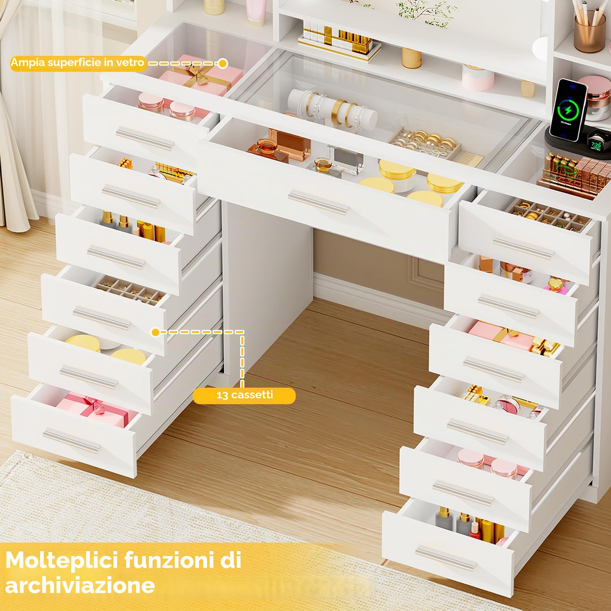 ANWBROAD Grande Toeletta Trucco con Luci LED,Luminosità Regolabile | Toletta da Trucco con Specchio,Postazione Trucco con Presa,Tavolo da Trucco con 13 Cassetti,7 Ripiani Aperti,Bianco BDT19X