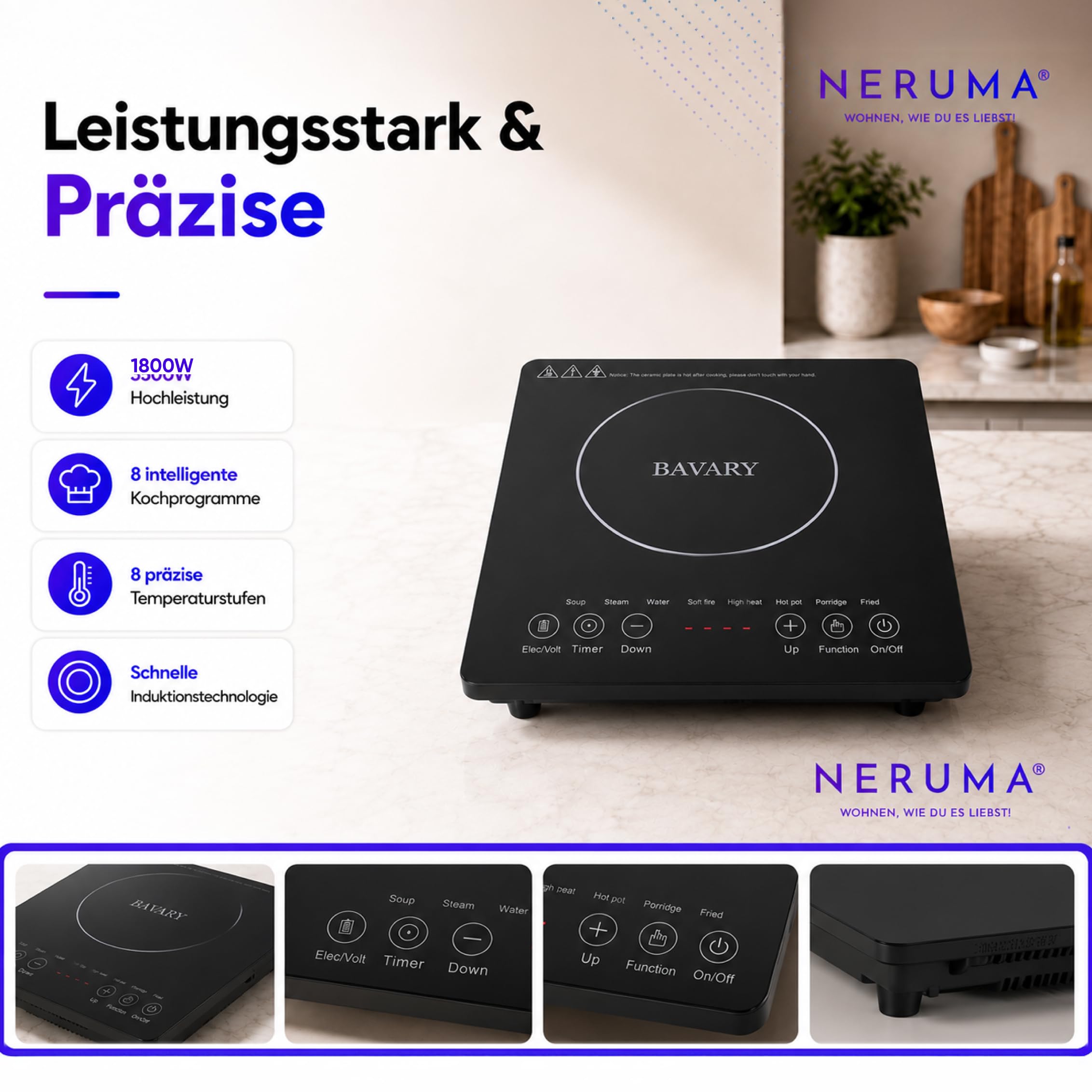 Płyta indukcyjna 1800 W – przenośna płyta indukcyjna z 8 programami gotowania, 4-cyfrowy wyświetlacz LED, obsługa dotykowa, mobilna kuchenka indukcyjna 220-240 V (1 płyta grzewcza)
