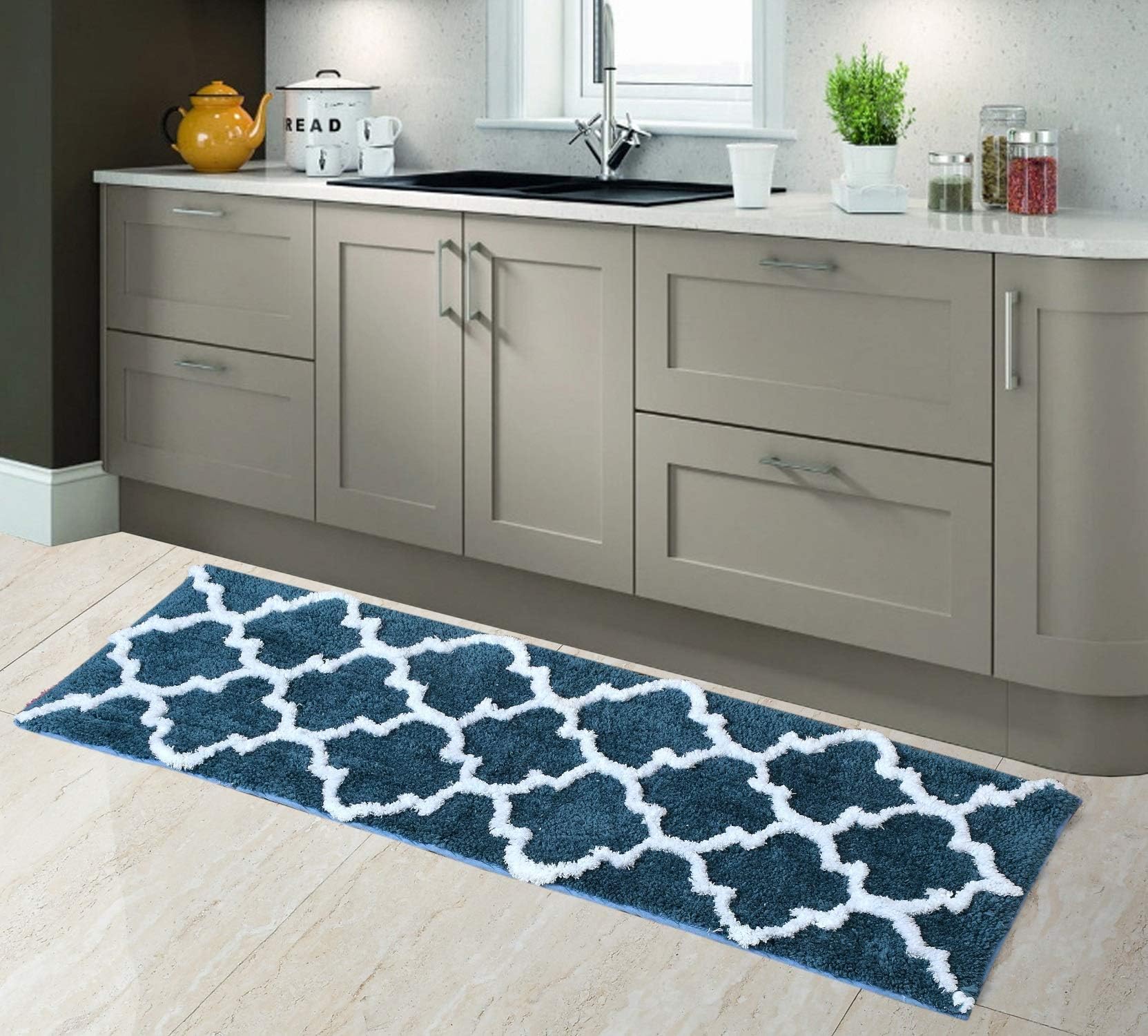 Glorious Super Soft Microfiber Abstract Moroccan Designer Anti Slip Kitchen/Bedside Runner Rug (Teal, 40 cm x 120 cm)