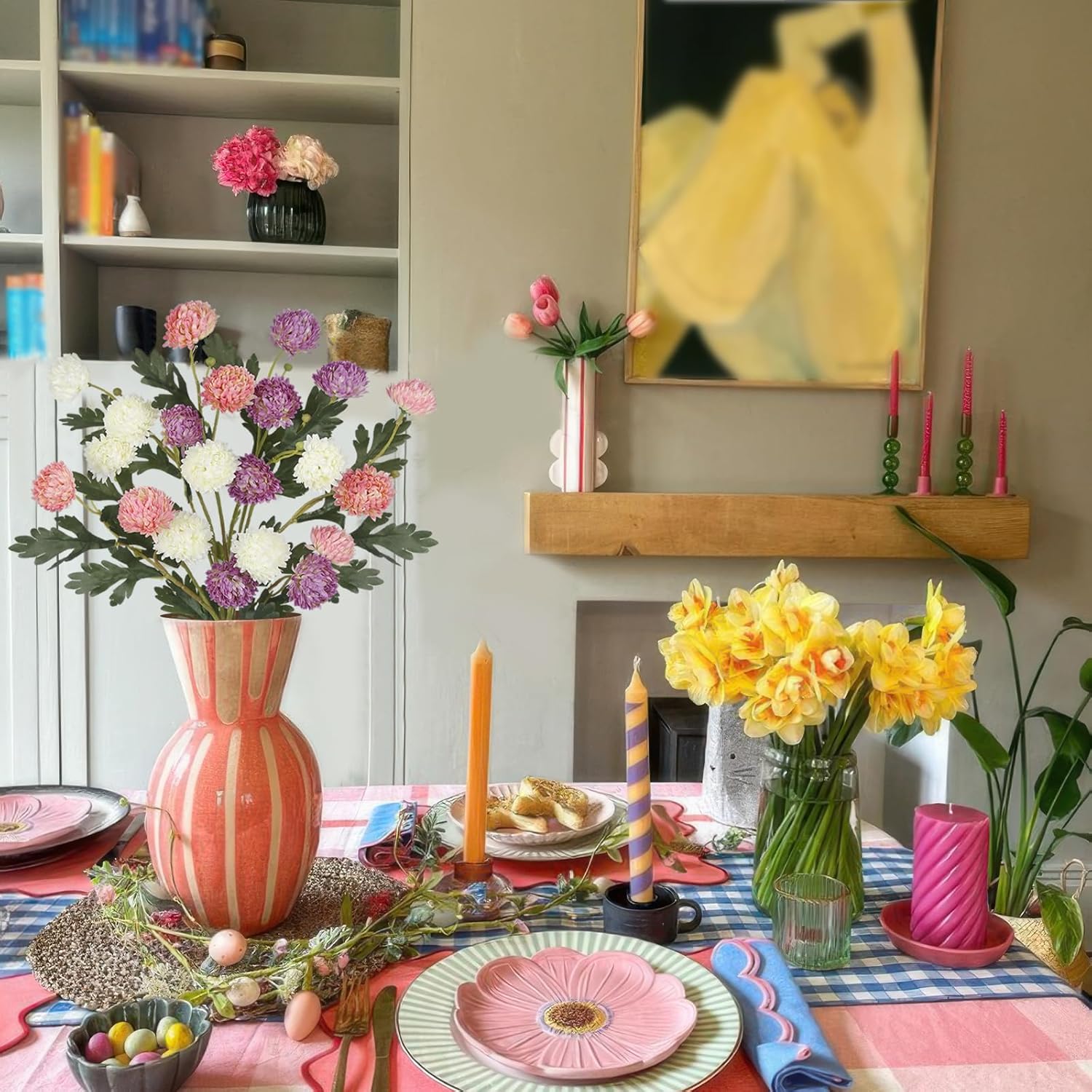 3 Pcs Fake Mums Artificial Flowers for Decoration Faux Kiku Flowers Floral Stems Pom Pom Fake Mums Balls Small Silk Chrysanthemum for Vase Indoor Home Decor Arrangement Table Centerpiece - Image 3