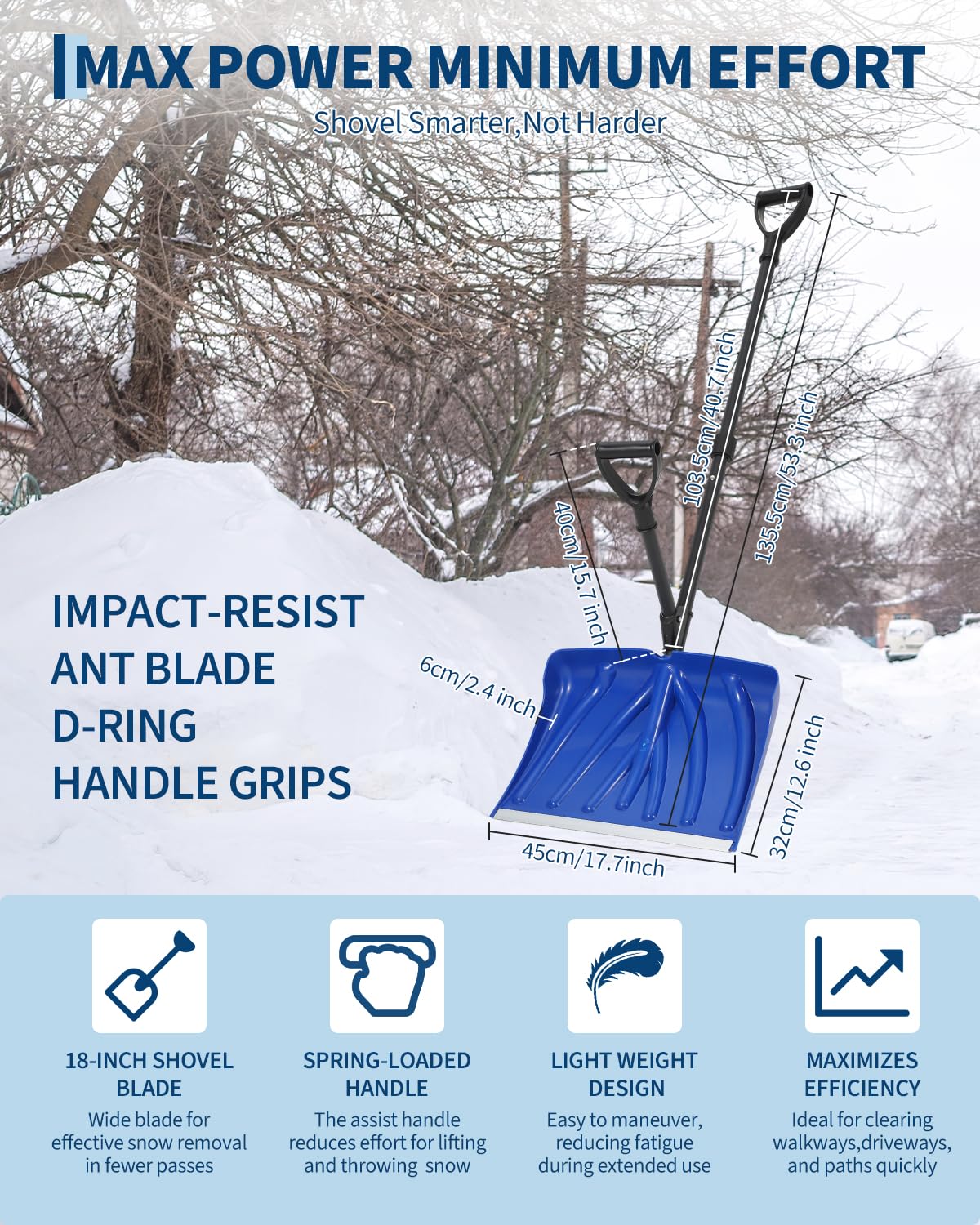 Condition photo showing Good Condition for SIMILAR TO..Snow Shovel, 18x13 in Blade, Ergonomic Snow Shovels with Assisted D-Ring Handle, 4.5LBS Lightweight Steel Shoveling Tool for Driveway Walkway Garden Patio Yard Camping, Blue & Black