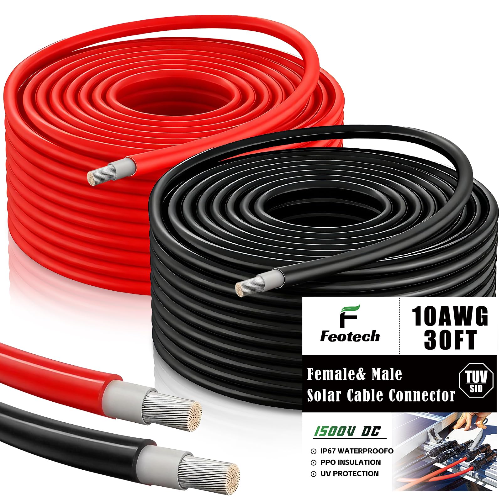 Czarny i 90 m czerwony kabel przedłużający do panelu słonecznego 10AWG ocynowany drut miedziany do użytku na zewnątrz, motoryzacji, kampera, łodzi i użytku morskiego